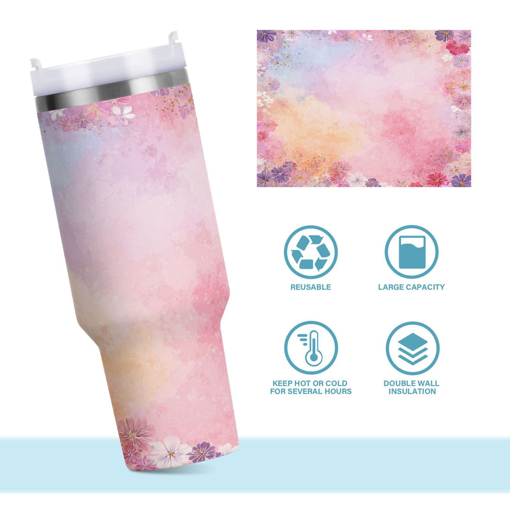 30 oz Insulated Stainless Steel Tumbler Double Wall Stainless Steel Tumbler with 2-Way Drinking Colorful Pastel Floral Pattern - Pick 927