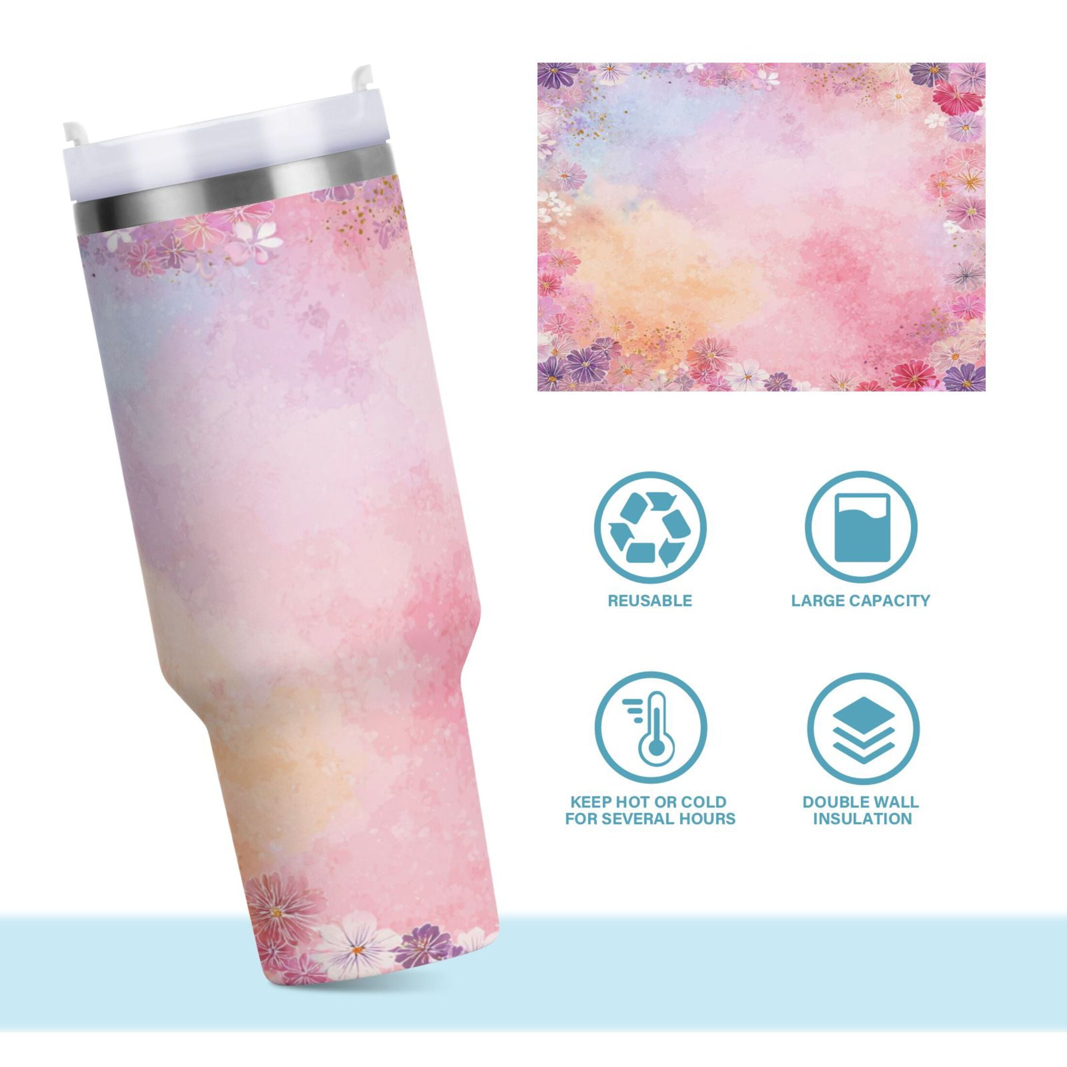 30 oz Insulated Stainless Steel Tumbler Double Wall Stainless Steel Tumbler with 2-Way Drinking Colorful Pastel Floral Pattern - Pick 927