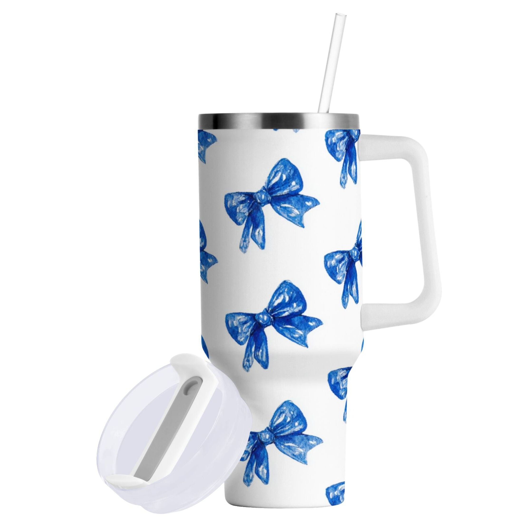 30 oz Insulated Stainless Steel Tumbler Double Wall Stainless Steel Tumbler with 2-Way Drinking Blue Bows Pattern - Pick 771