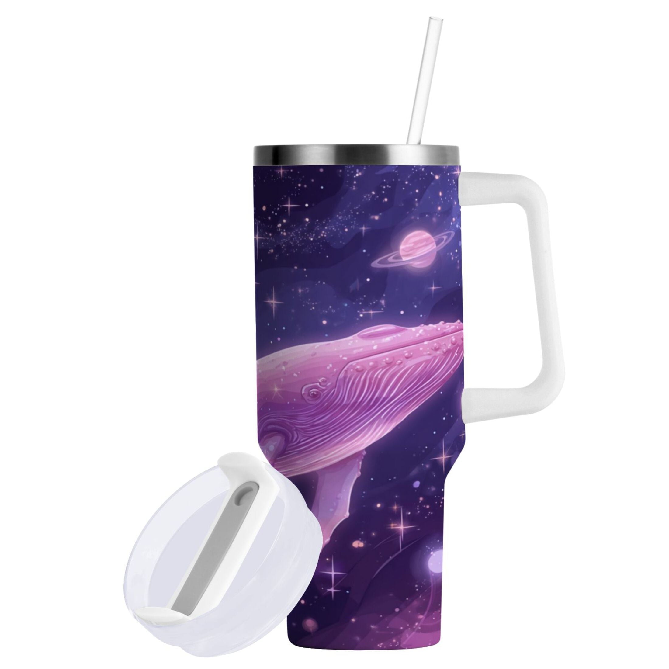 30 oz Insulated Stainless Steel Tumbler Double Wall Stainless Steel Tumbler with 2-Way Drinking Whale in Space - Pick 158