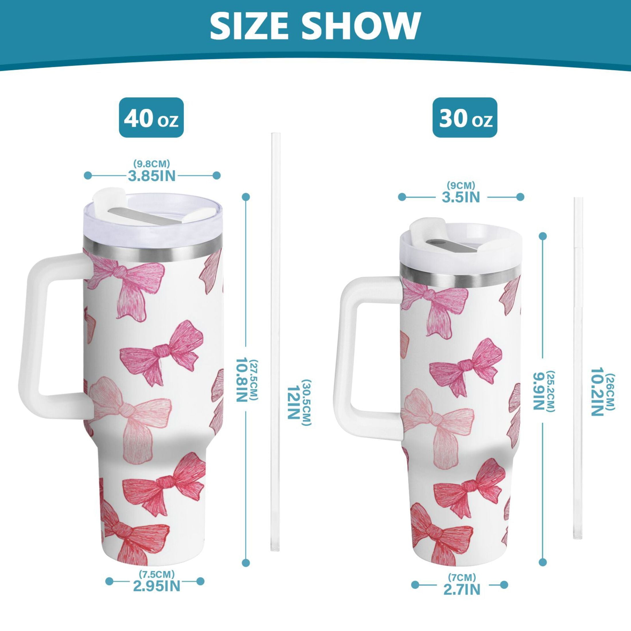 40 oz Insulated Stainless Steel Tumbler Double Wall Stainless Steel Tumbler with 2-Way Drinking Pink Bows Pattern - Pick 714