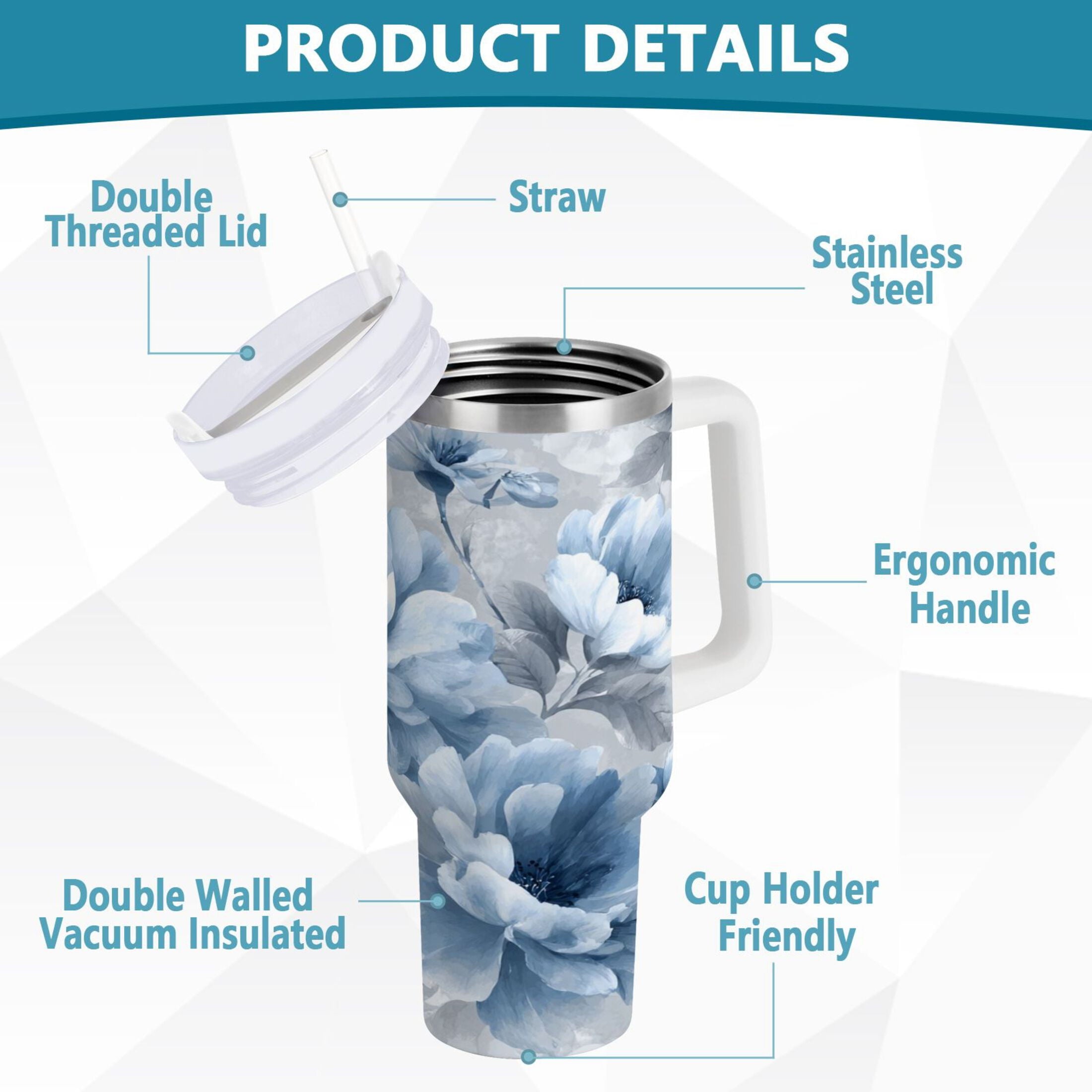 40 oz Insulated Stainless Steel Tumbler Double Wall Stainless Steel Tumbler with 2-Way Drinking White Floral Pattern - Pick 737