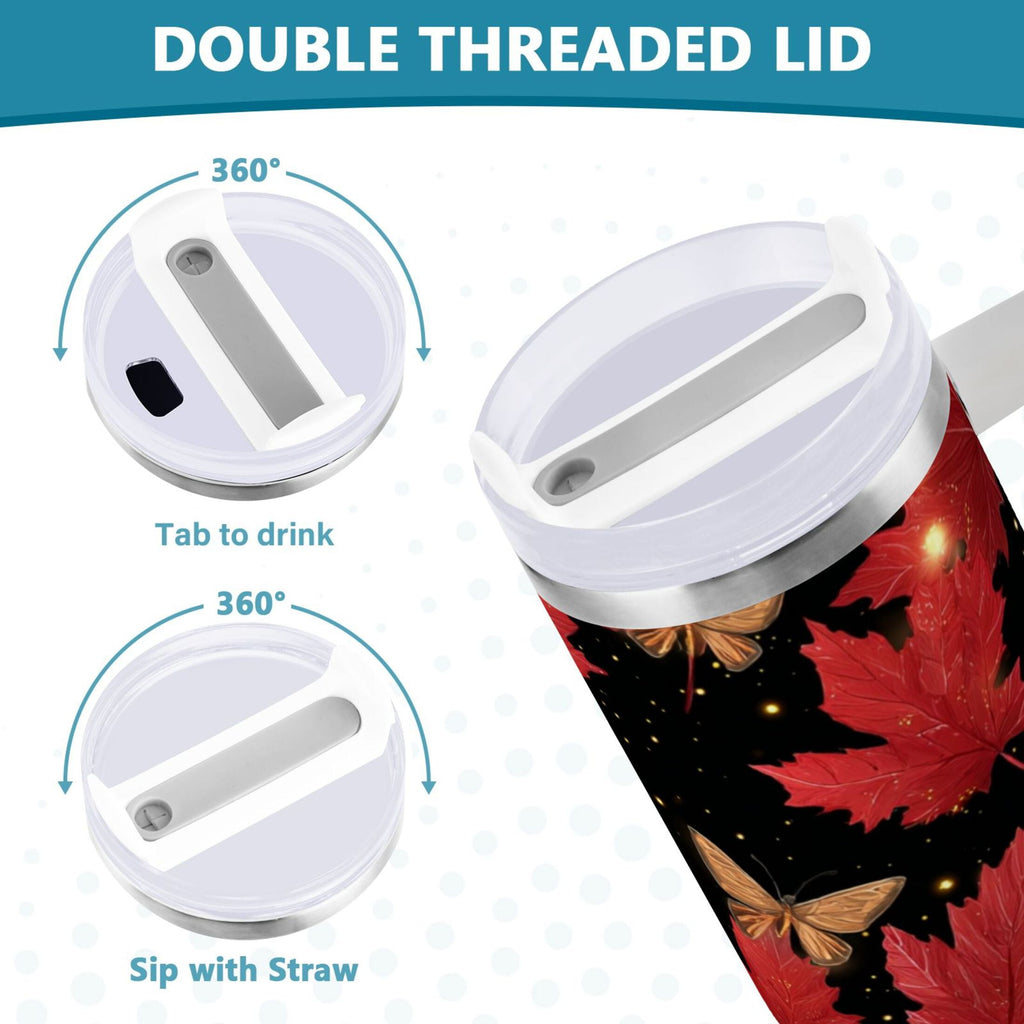 40 oz Insulated Stainless Steel Tumbler Double Wall Stainless Steel Tumbler with 2-Way Drinking Maple Leaves and Fireflies - Pick 528