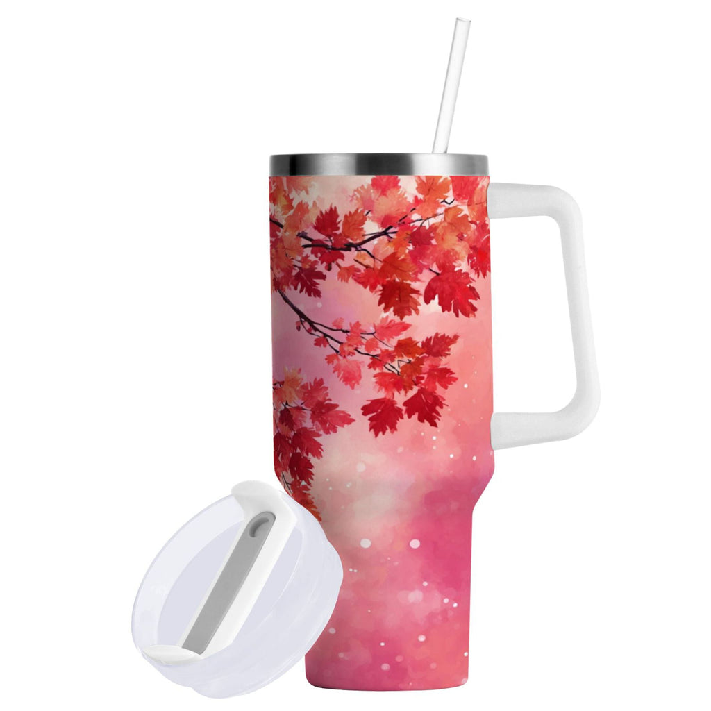 30 oz Insulated Stainless Steel Tumbler Double Wall Stainless Steel Tumbler with 2-Way Drinking Watercolor Red Maple Leaves - Pick 761