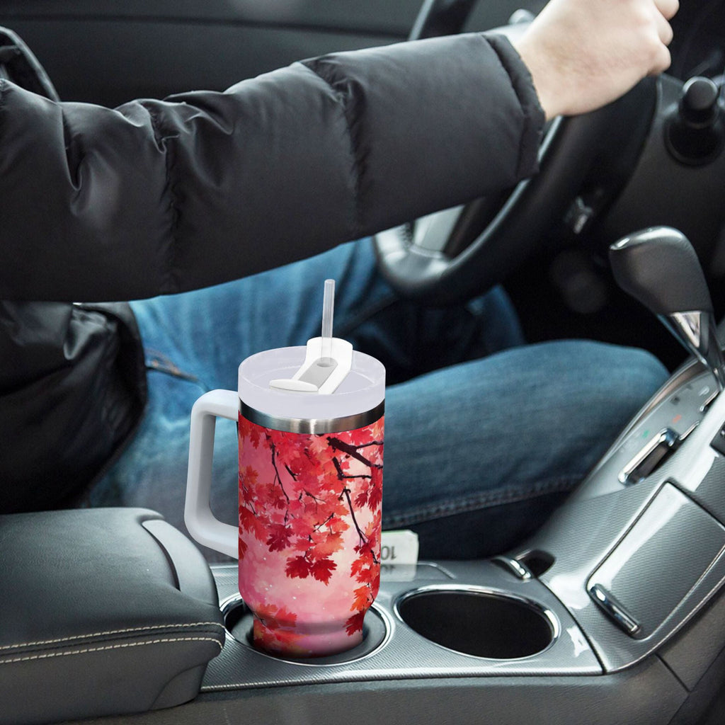 30 oz Insulated Stainless Steel Tumbler Double Wall Stainless Steel Tumbler with 2-Way Drinking Watercolor Red Maple Leaves - Pick 761