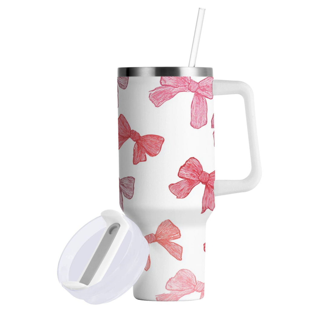 40 oz Insulated Stainless Steel Tumbler Double Wall Stainless Steel Tumbler with 2-Way Drinking Pink Bows Pattern - Pick 714