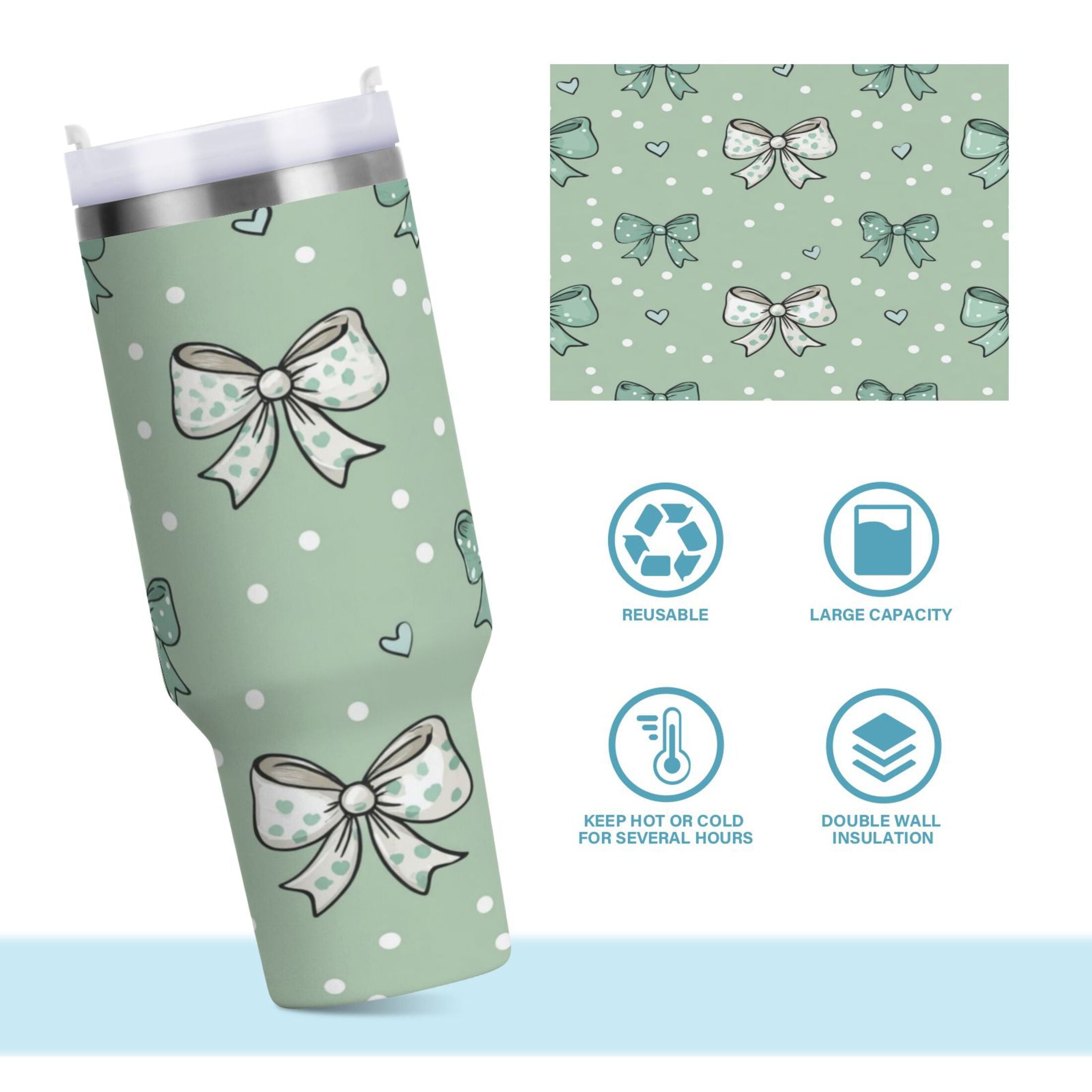 30 oz Insulated Stainless Steel Tumbler Double Wall Stainless Steel Tumbler with 2-Way Drinking Green and Mint Bows - Pick 133