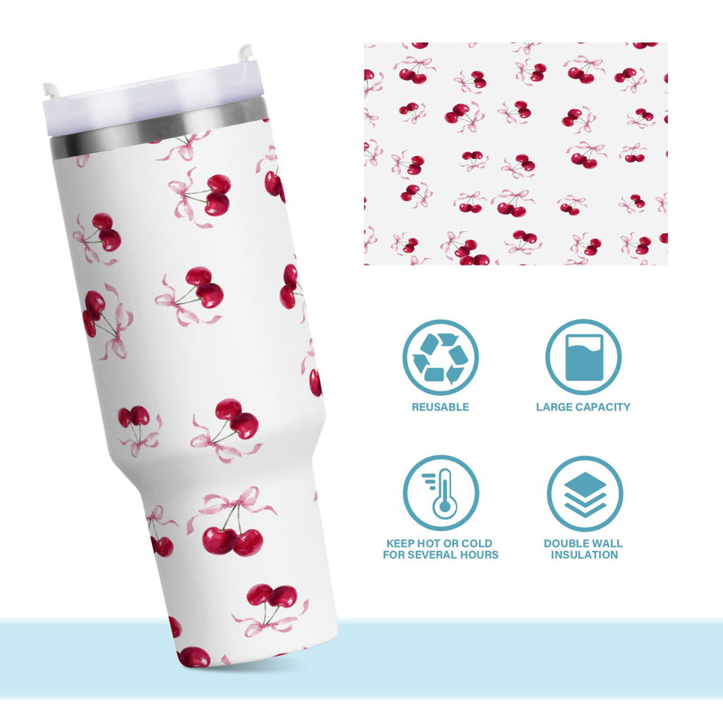30 oz Insulated Stainless Steel Tumbler Double Wall Stainless Steel Tumbler with 2-Way Drinking Watercolor Cherries Pattern - Pick 266