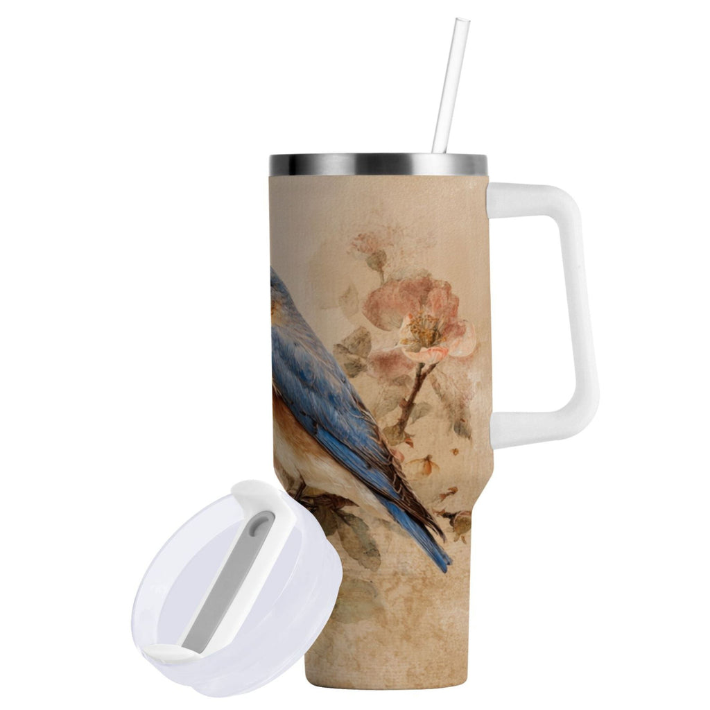 40 oz Insulated Stainless Steel Tumbler Double Wall Stainless Steel Tumbler with 2-Way Drinking Bluebird and Ancient Flowers - Pick 300