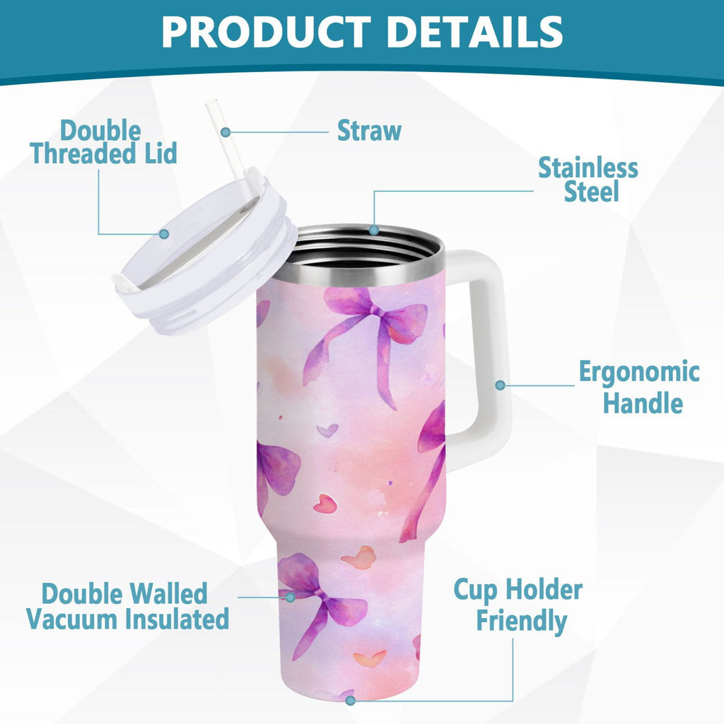 30 oz Insulated Stainless Steel Tumbler Double Wall Stainless Steel Tumbler with 2-Way Drinking Watercolor Purple Bows - Pick 260