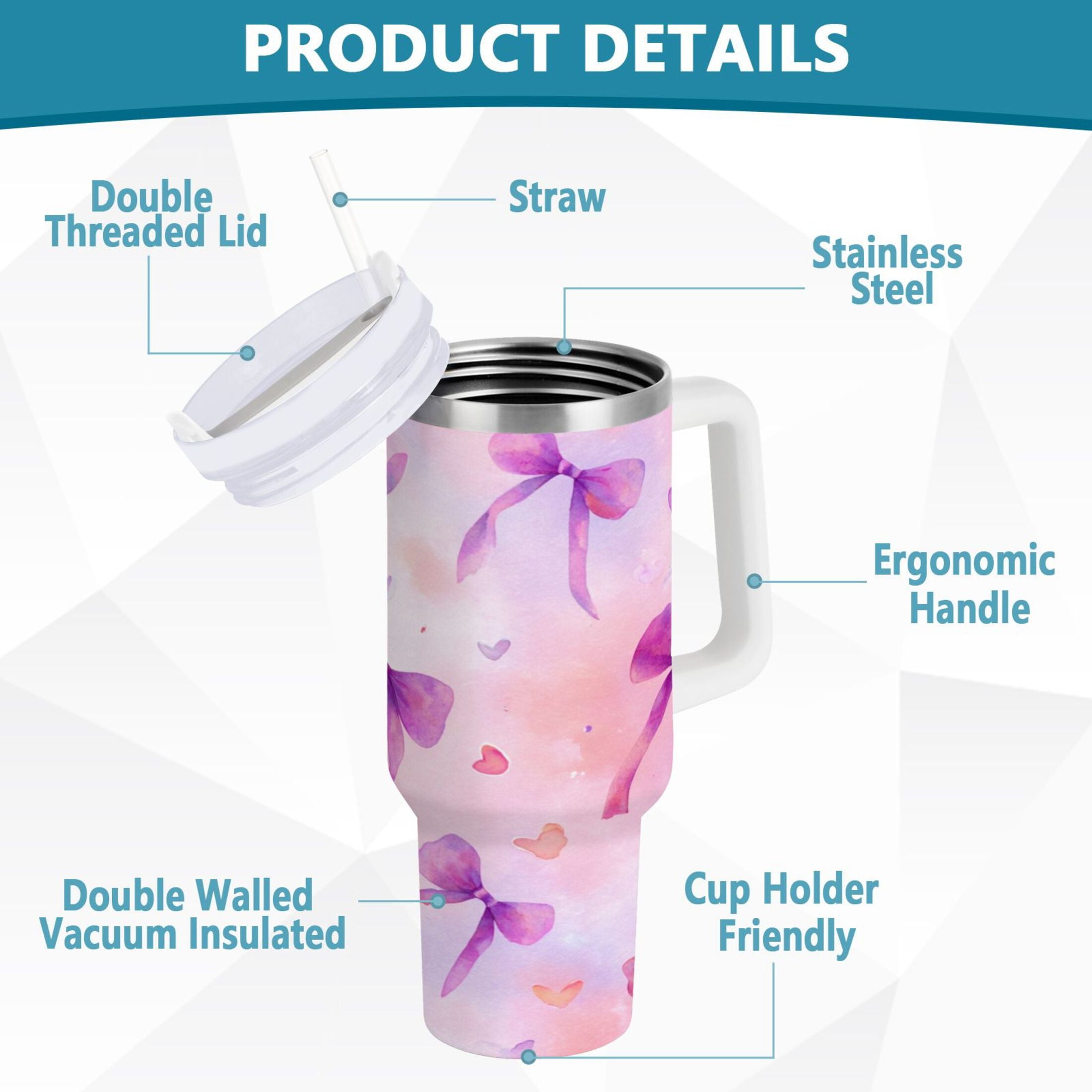 30 oz Insulated Stainless Steel Tumbler Double Wall Stainless Steel Tumbler with 2-Way Drinking Watercolor Purple Bows - Pick 260