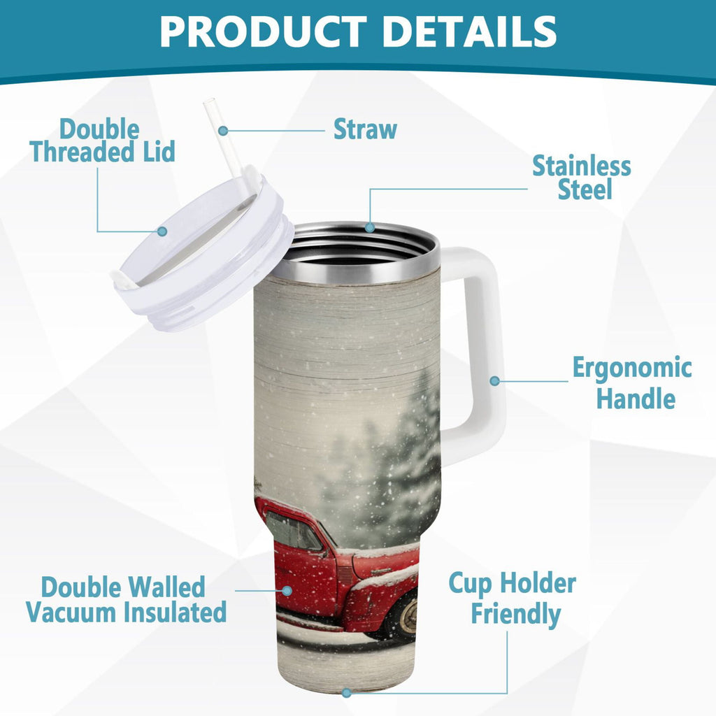 40 oz Insulated Stainless Steel Tumbler Double Wall Stainless Steel Tumbler with 2-Way Drinking Vintage Red Truck - Pick 251