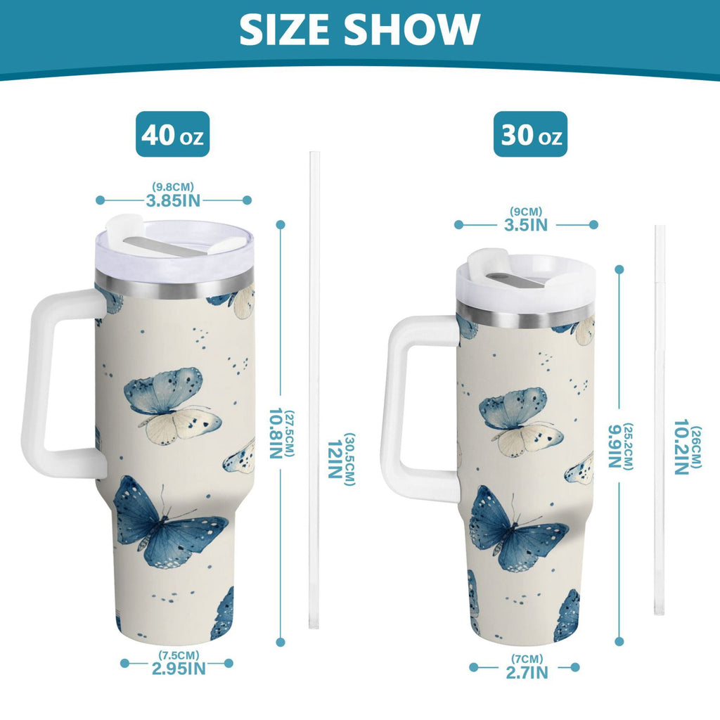 30 oz Insulated Stainless Steel Tumbler Double Wall Stainless Steel Tumbler with 2-Way Drinking Blue Watercolor Butterflies - Pick 444