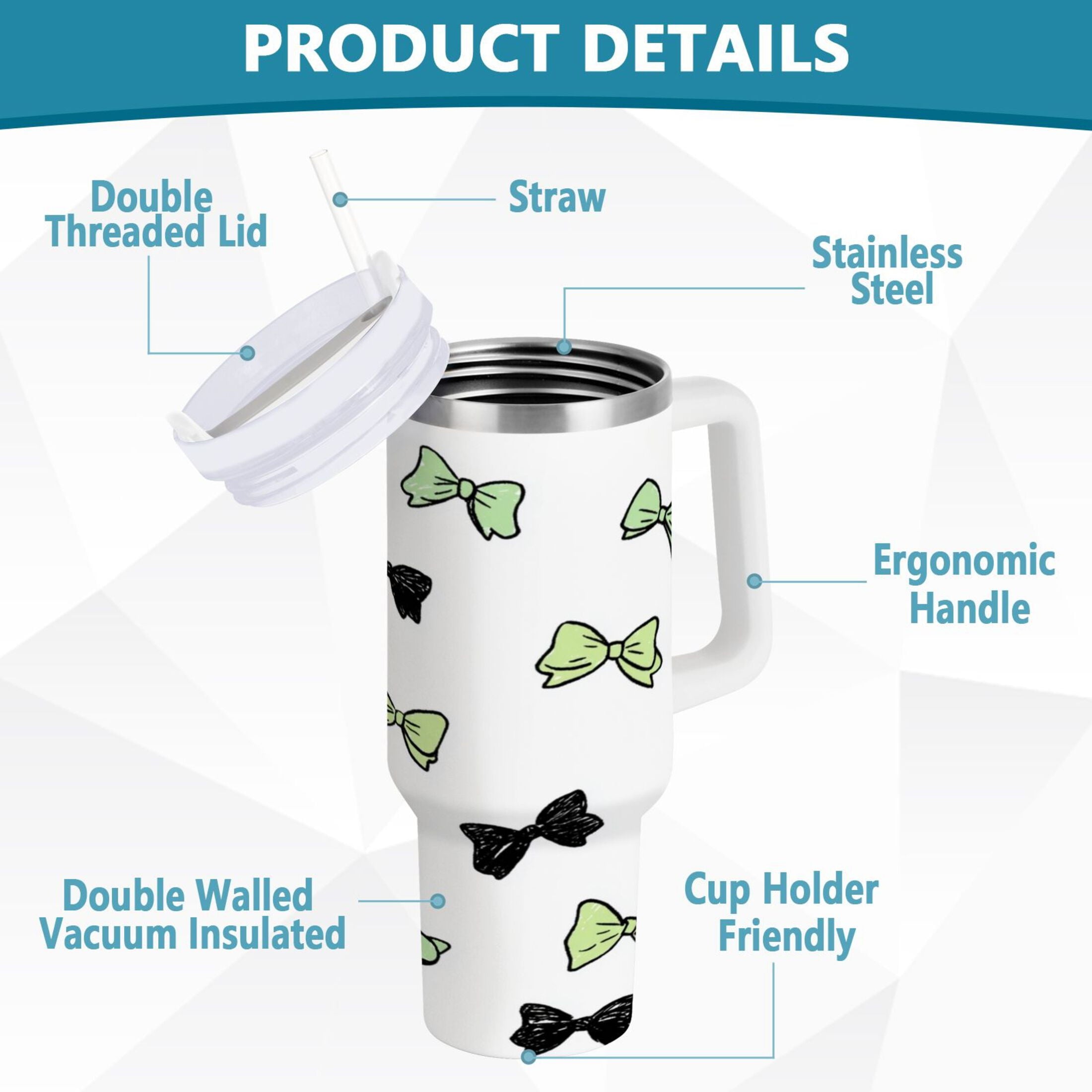 40 oz Insulated Stainless Steel Tumbler Double Wall Stainless Steel Tumbler with 2-Way Drinking Green and Black Bows - Pick 507