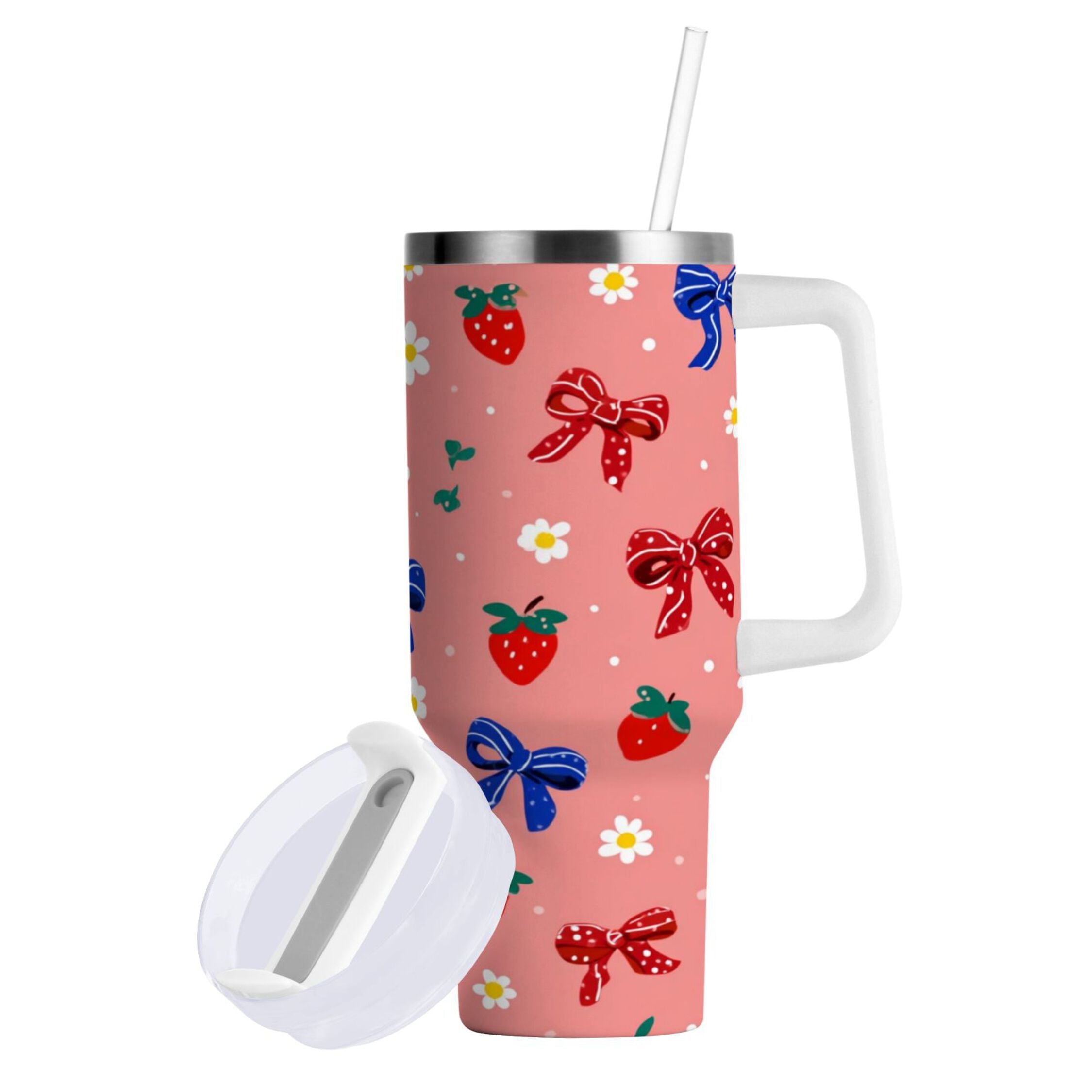 40 oz Insulated Stainless Steel Tumbler Double Wall Stainless Steel Tumbler with 2-Way Drinking Bows and Strawberries Pattern - Pick 631