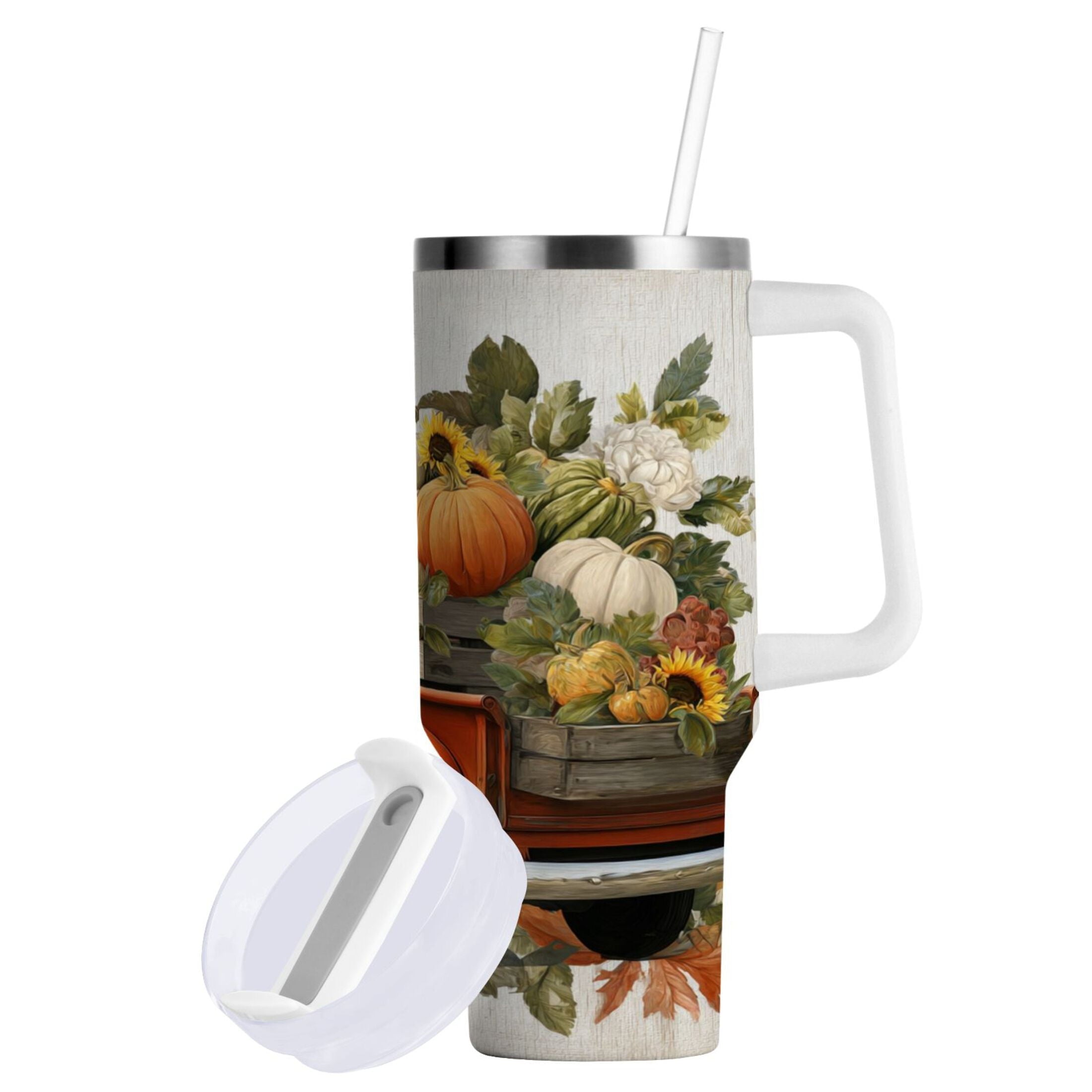 40 oz Insulated Stainless Steel Tumbler Double Wall Stainless Steel Tumbler with 2-Way Drinking Truck Full Of Pumpkins - Pick 103