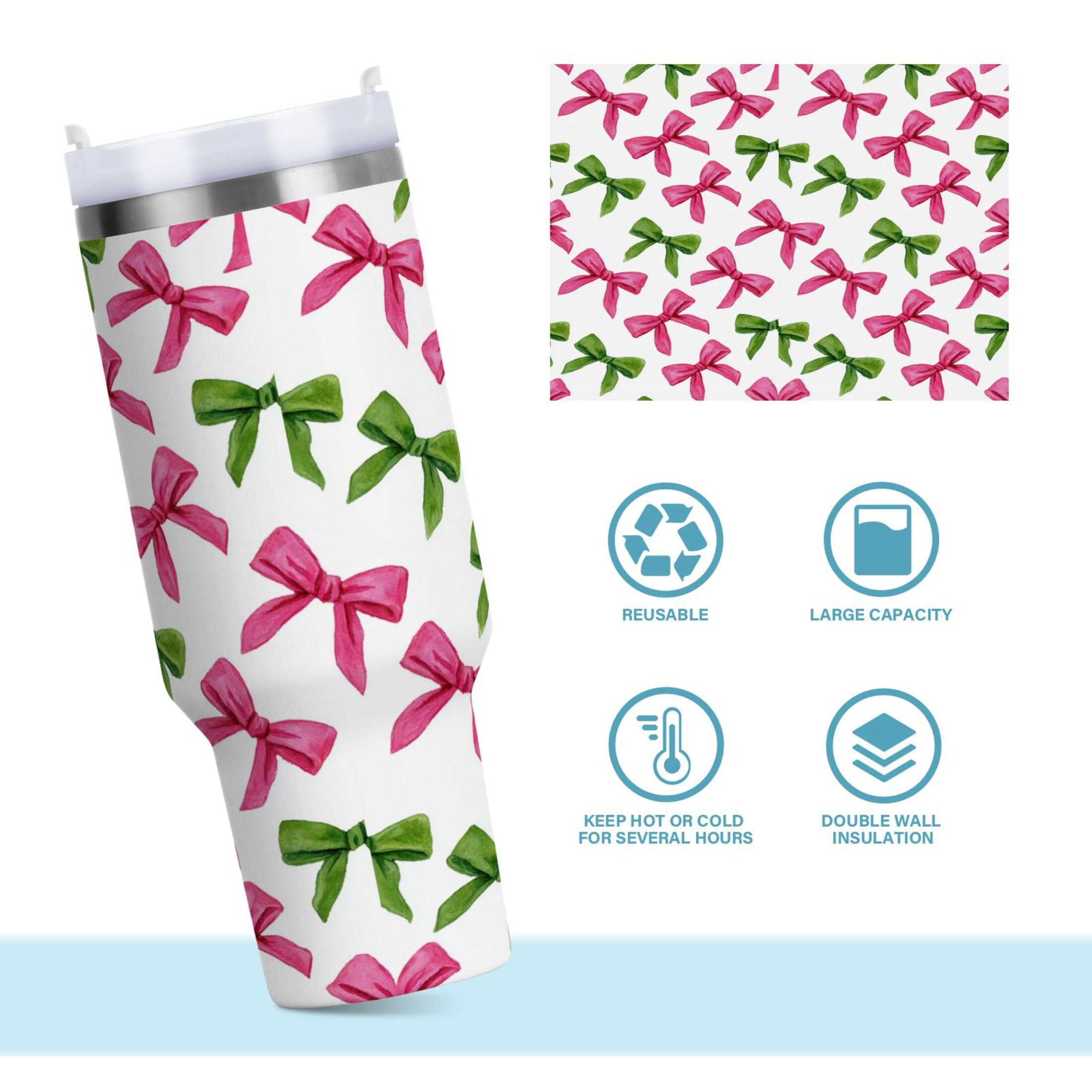 30 oz Insulated Stainless Steel Tumbler Double Wall Stainless Steel Tumbler with 2-Way Drinking Pink Bows and Green Ribbons - Pick 706