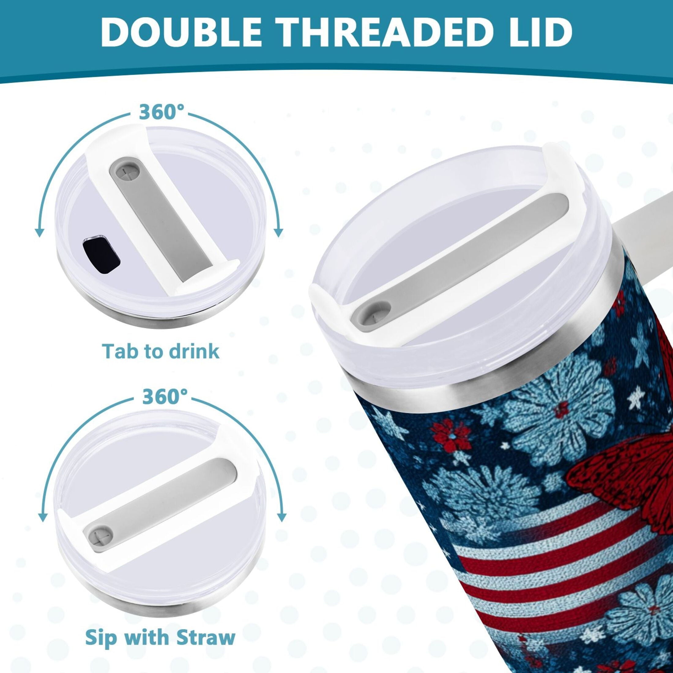 30 oz Insulated Stainless Steel Tumbler Double Wall Stainless Steel Tumbler with 2-Way Drinking Red Butterflies and Flags - Pick 334