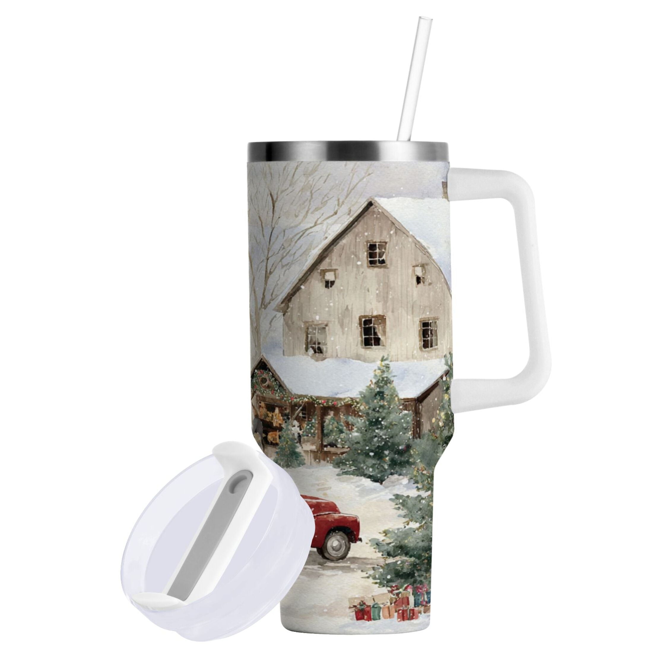 40 oz Insulated Stainless Steel Tumbler Double Wall Stainless Steel Tumbler with 2-Way Drinking Farm Snow Scene - Pick 311