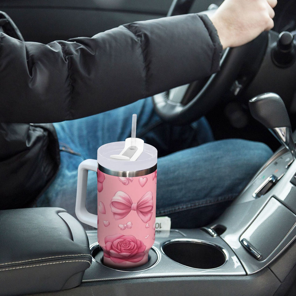 40 oz Insulated Stainless Steel Tumbler Double Wall Stainless Steel Tumbler with 2-Way Drinking Roses and Bows Pattern - Pick 960