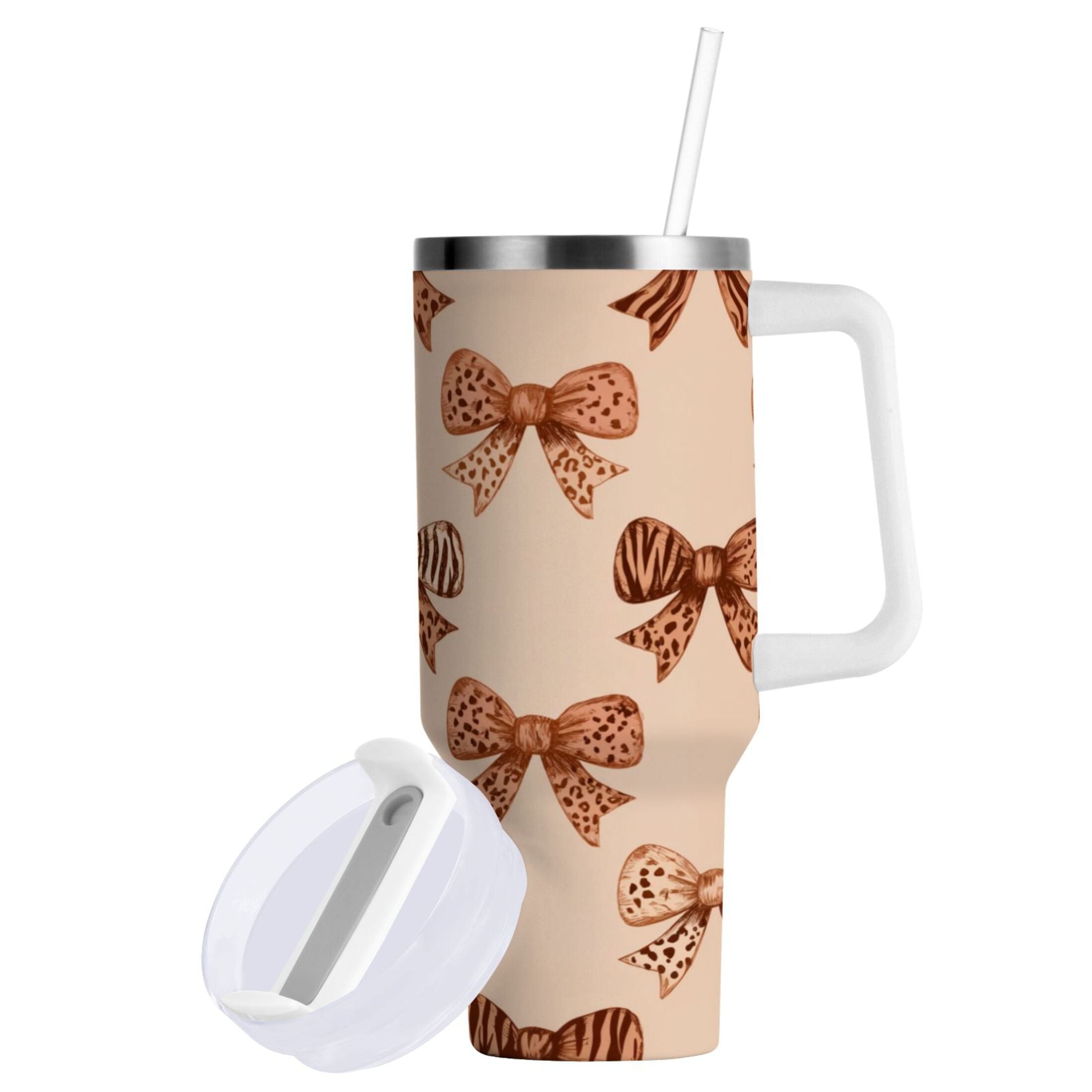 40 oz Insulated Stainless Steel Tumbler Double Wall Stainless Steel Tumbler with 2-Way Drinking Leopard Print Bow - Pick 924