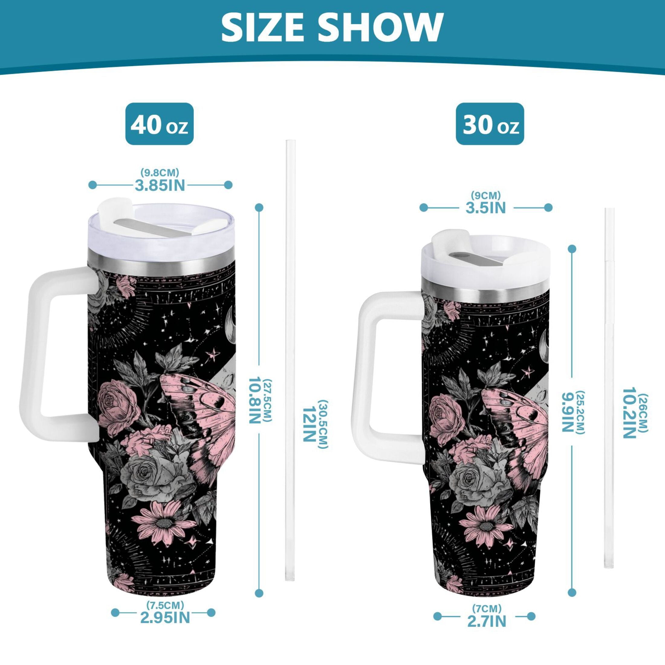 30 oz Insulated Stainless Steel Tumbler Double Wall Stainless Steel Tumbler with 2-Way Drinking Butterfly by Moon and Flowers - Pick 931