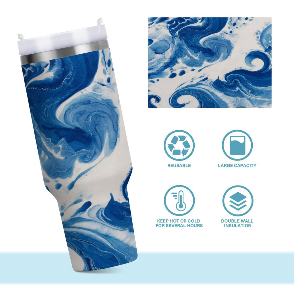 40 oz Insulated Stainless Steel Tumbler Double Wall Stainless Steel Tumbler with 2-Way Drinking Indigo Blue Tie-dye Pattern - Pick 265