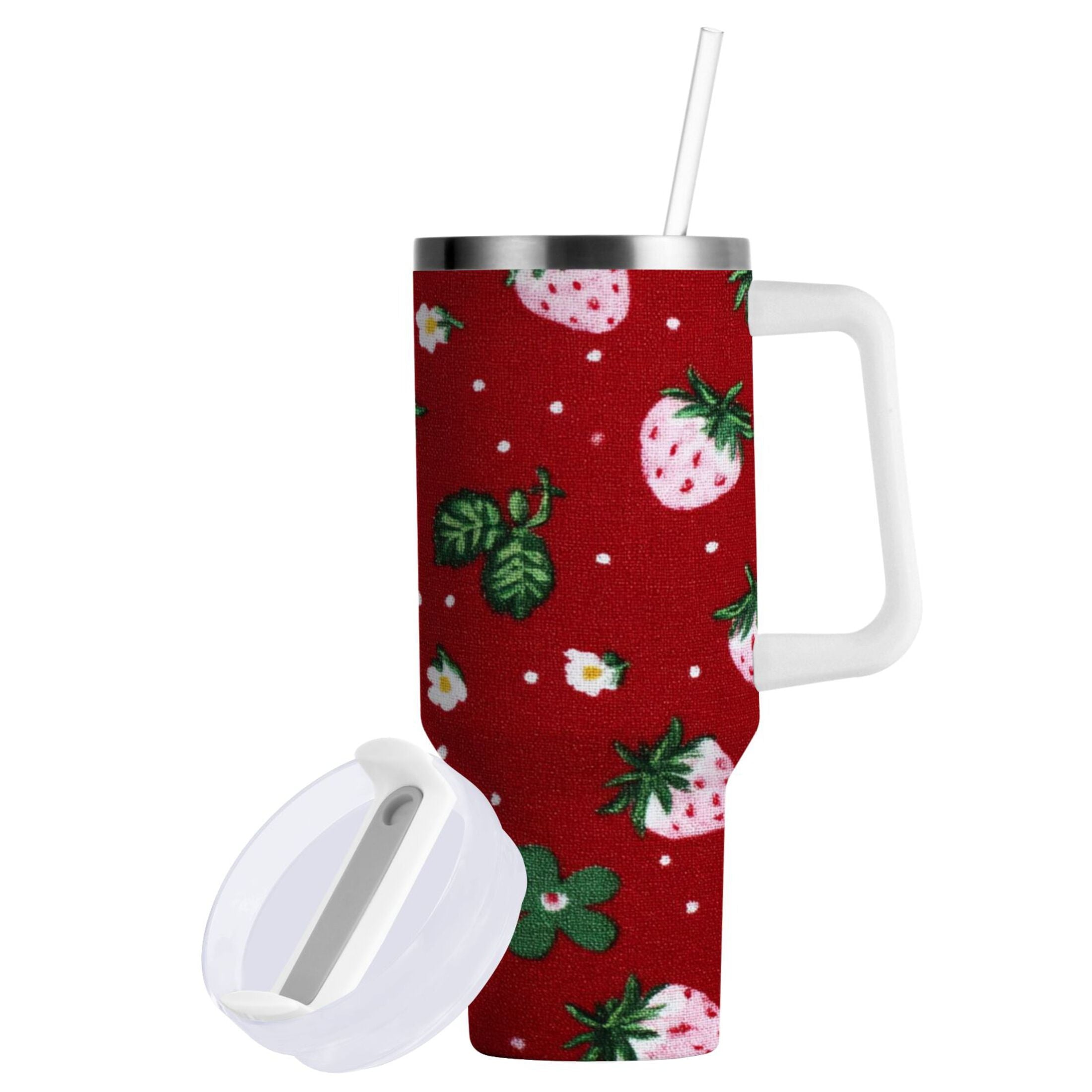 30 oz Insulated Stainless Steel Tumbler Double Wall Stainless Steel Tumbler with 2-Way Drinking Cute Pink Strawberry Pattern - Pick 510