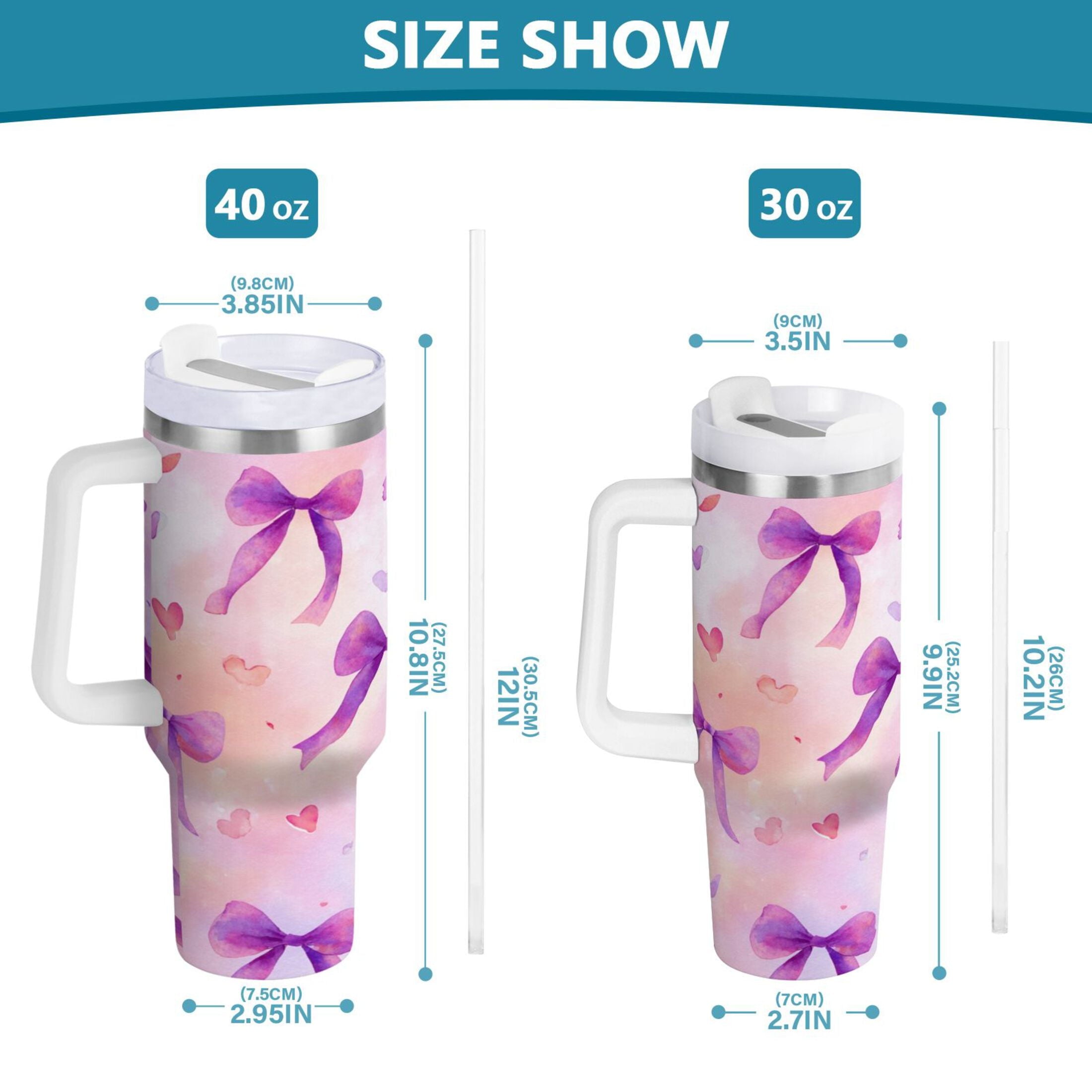 30 oz Insulated Stainless Steel Tumbler Double Wall Stainless Steel Tumbler with 2-Way Drinking Watercolor Purple Bows - Pick 260