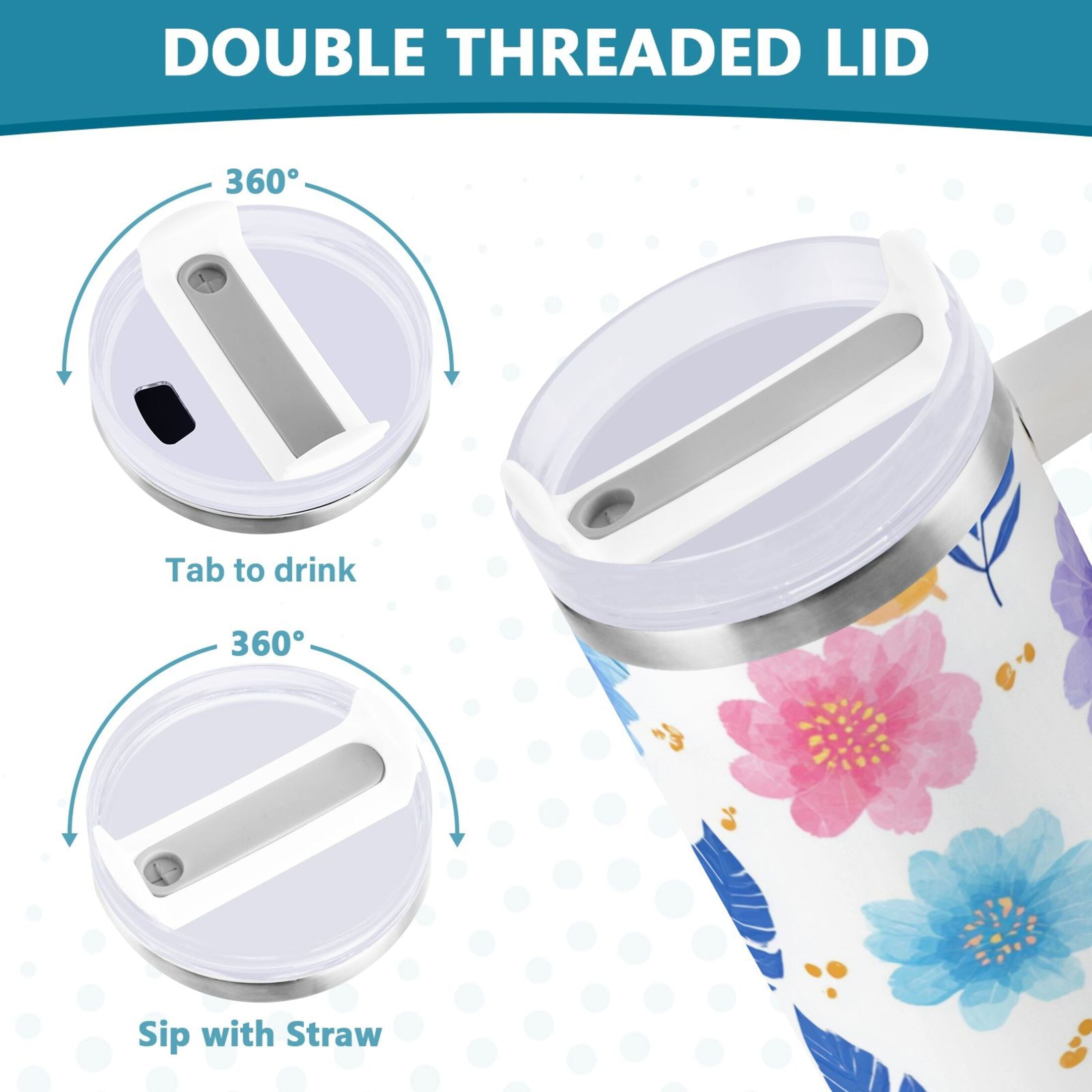 30 oz Insulated Stainless Steel Tumbler Double Wall Stainless Steel Tumbler with 2-Way Drinking Blue and Purple Flowers - Pick 625