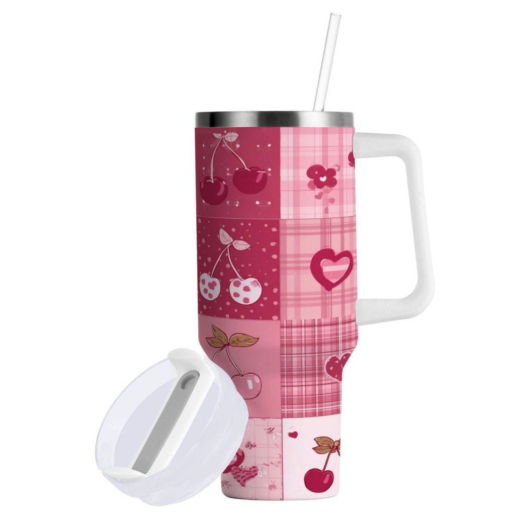 30 oz Insulated Stainless Steel Tumbler Double Wall Stainless Steel Tumbler with 2-Way Drinking Cherry Pattern with Bows - Pick 766