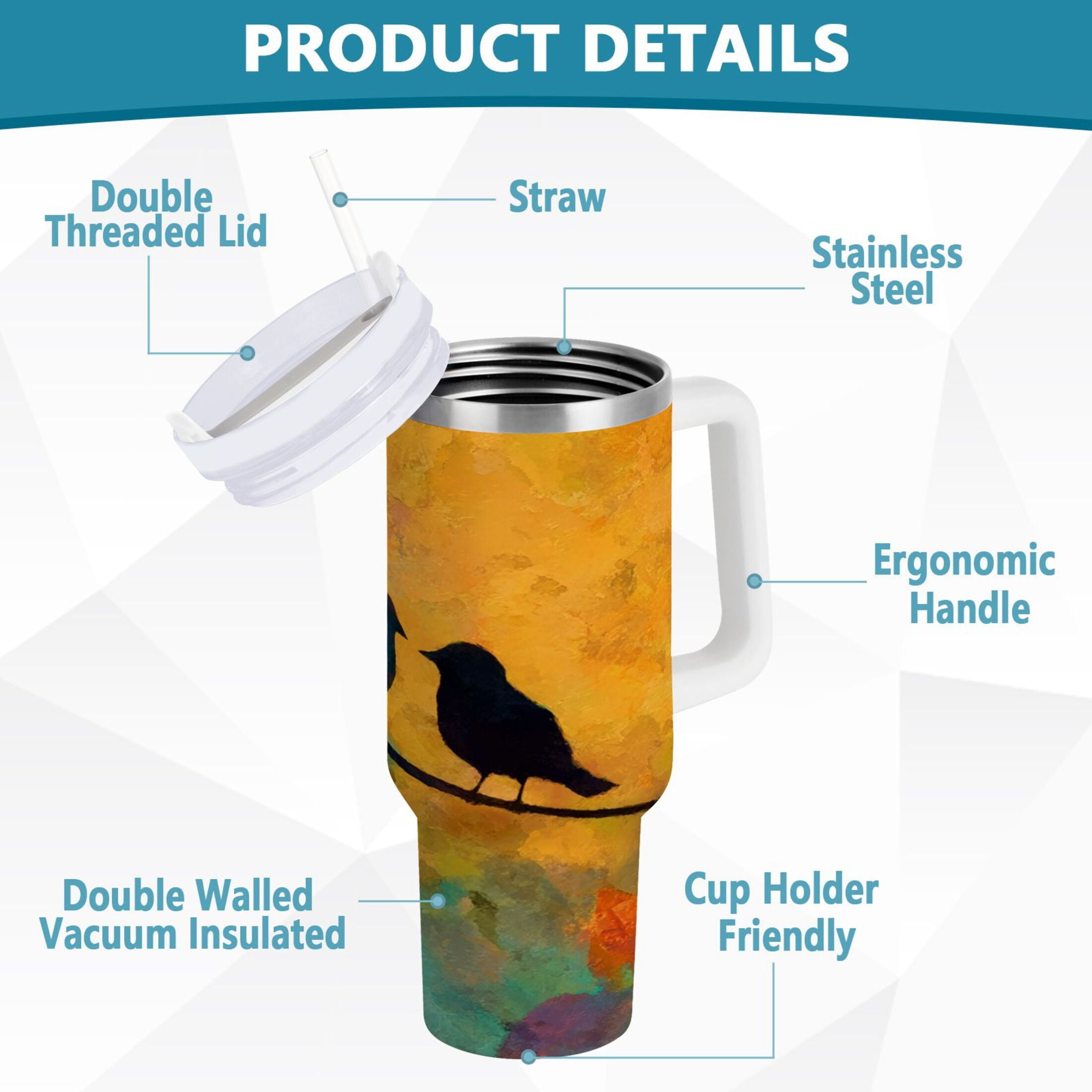 30 oz Insulated Stainless Steel Tumbler Double Wall Stainless Steel Tumbler with 2-Way Drinking Birds on A Wire - Pick 111