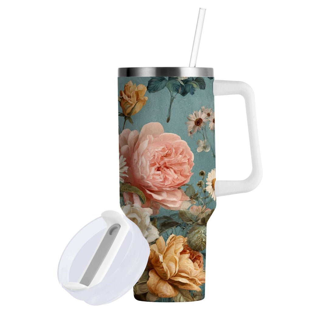 30 oz Insulated Stainless Steel Tumbler Double Wall Stainless Steel Tumbler with 2-Way Drinking Vintage Roses and Peonies - Pick 391