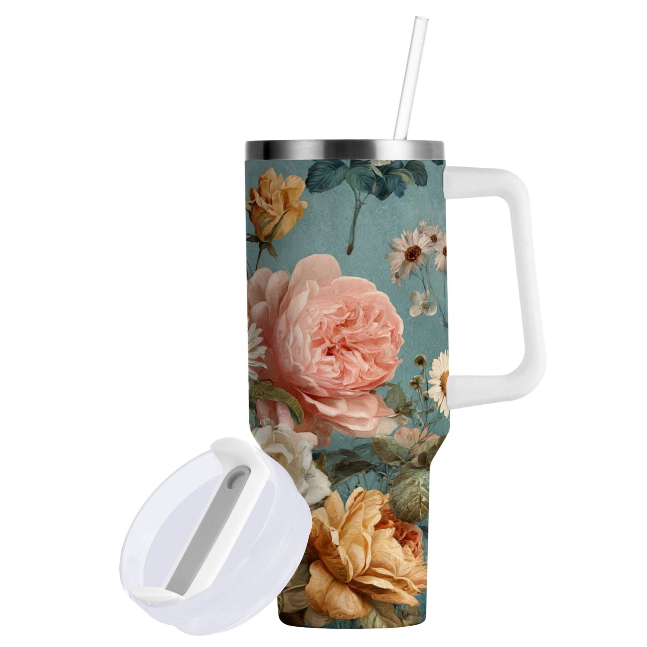 30 oz Insulated Stainless Steel Tumbler Double Wall Stainless Steel Tumbler with 2-Way Drinking Vintage Roses and Peonies - Pick 391