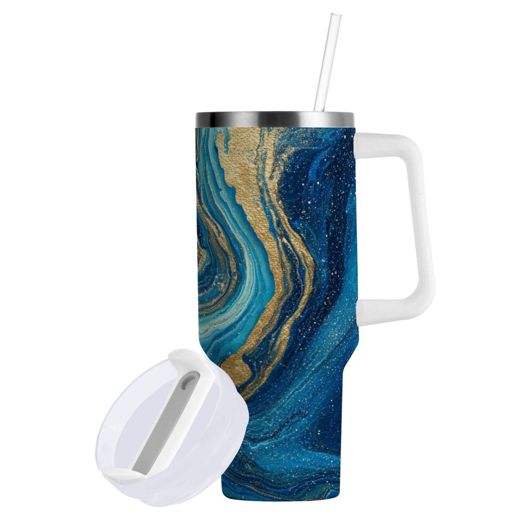 30 oz Insulated Stainless Steel Tumbler Double Wall Stainless Steel Tumbler with 2-Way Drinking Blue and Gold Ocean - Pick 357