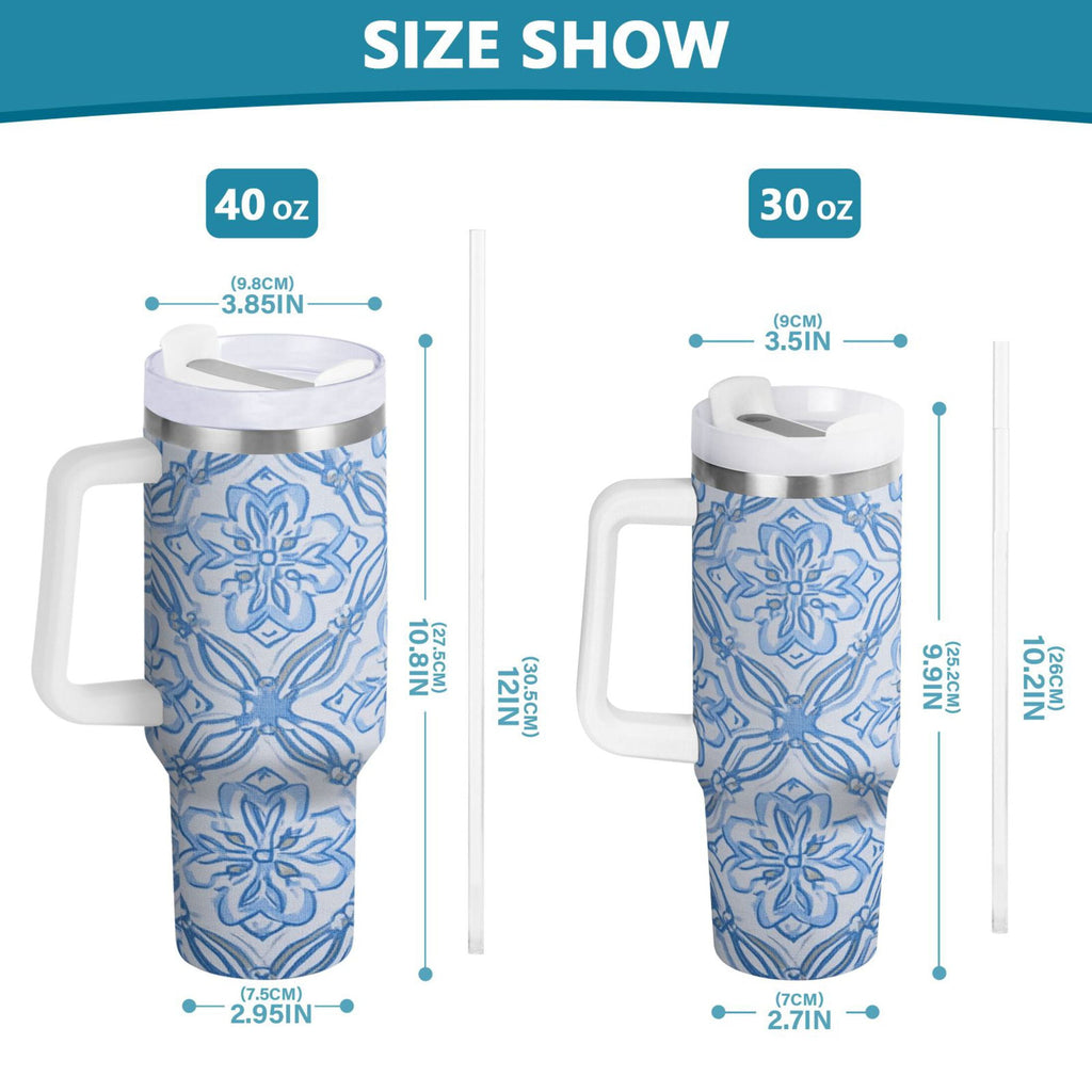 30 oz Insulated Stainless Steel Tumbler Double Wall Stainless Steel Tumbler with 2-Way Drinking Blue Elegant Geometric Design - Pick 988