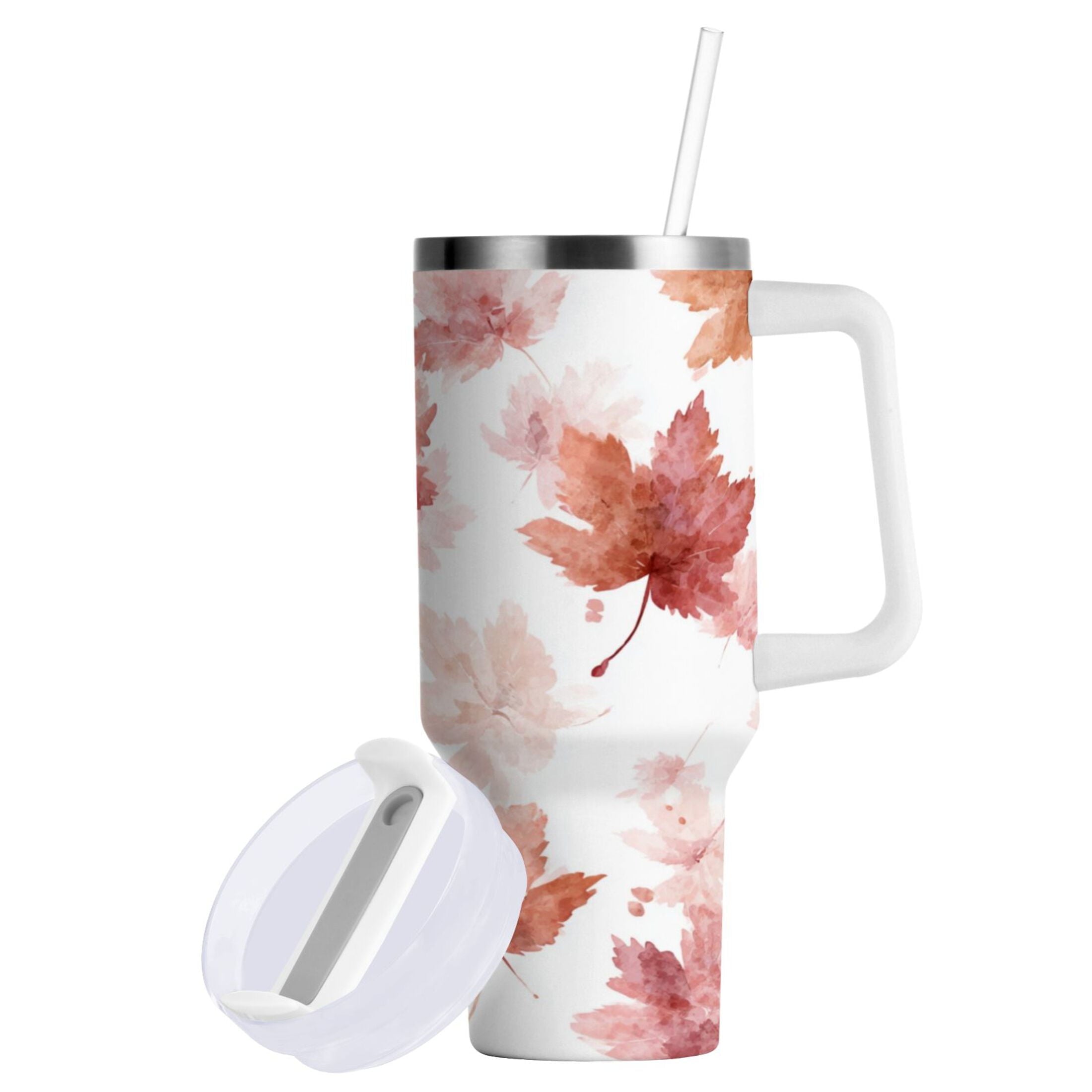 30 oz Insulated Stainless Steel Tumbler Double Wall Stainless Steel Tumbler with 2-Way Drinking Watercolor Pink Maple Leaves - Pick 199