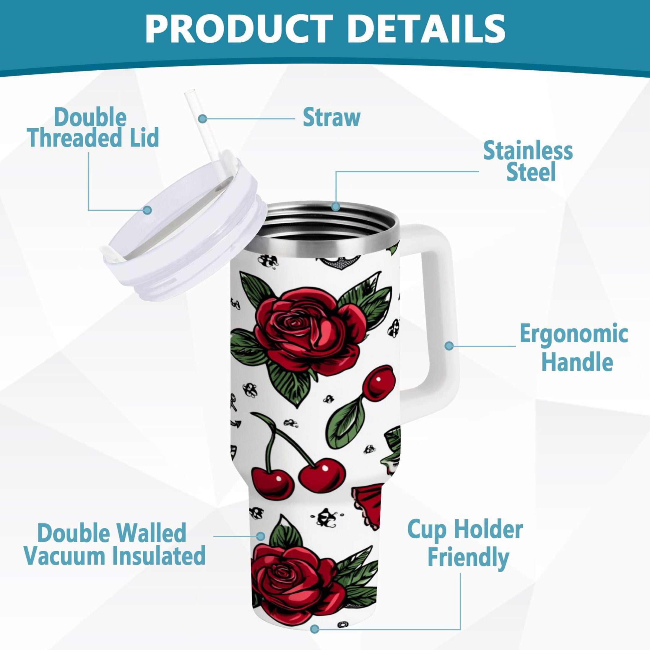40 oz Insulated Stainless Steel Tumbler Double Wall Stainless Steel Tumbler with 2-Way Drinking Red Roses and Cherries - Pick 206
