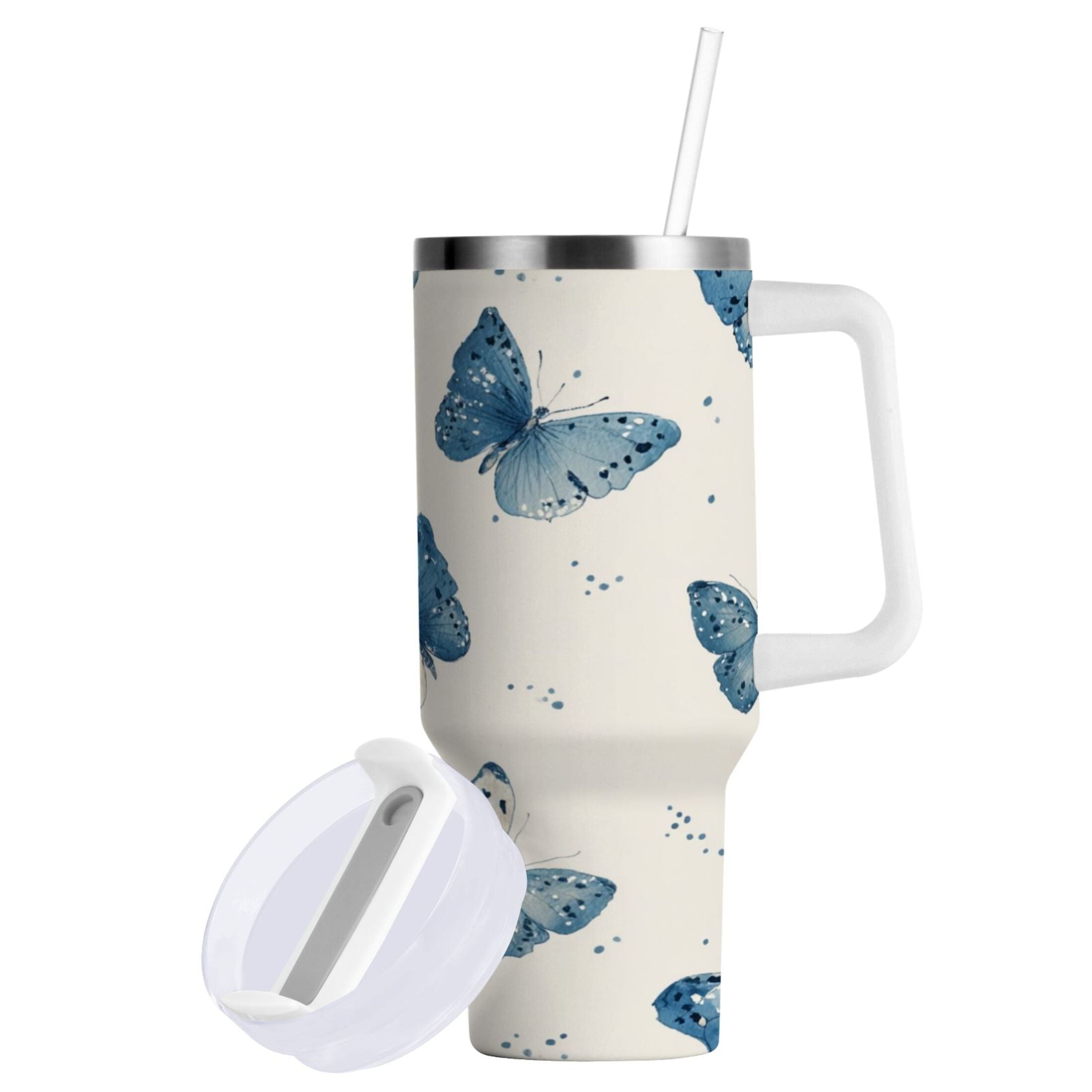 30 oz Insulated Stainless Steel Tumbler Double Wall Stainless Steel Tumbler with 2-Way Drinking Blue Watercolor Butterflies - Pick 444