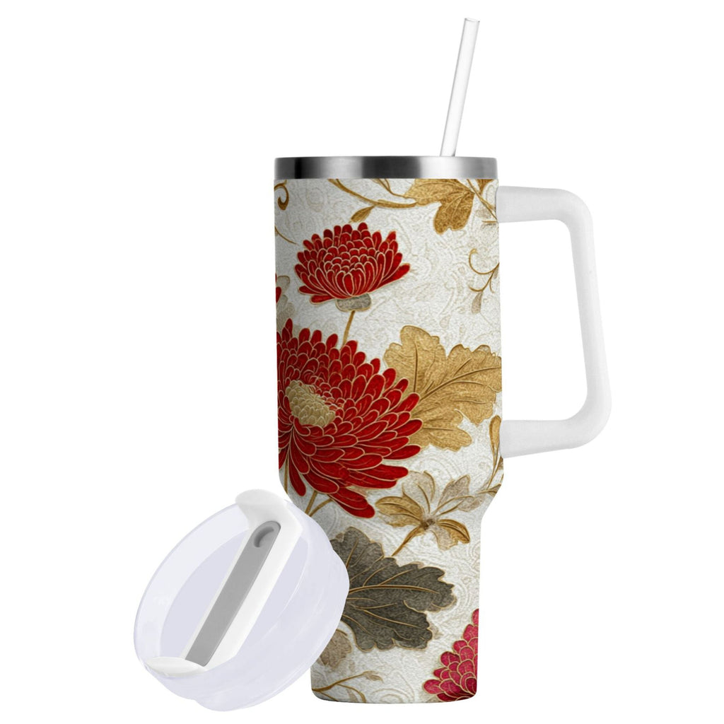 30 oz Insulated Stainless Steel Tumbler Double Wall Stainless Steel Tumbler with 2-Way Drinking Red Chrysanthemum Pattern - Pick 125
