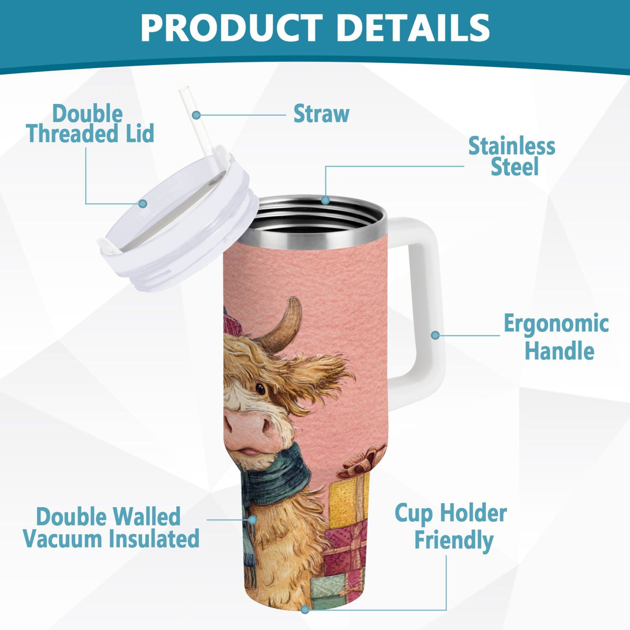 30 oz Insulated Stainless Steel Tumbler Double Wall Stainless Steel Tumbler with 2-Way Drinking Cow Wearing Scarf and Hat - Pick 220