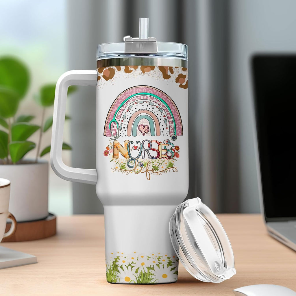Tumbler 40 Oz With Handle Lid And Straw, Nurse Gifts, Black Camo White Engraved Print Travel Nurses Tumblers Handle Funny Cups Nursing For, Great Nurse Rainbow Daisy Flower - Pick 979