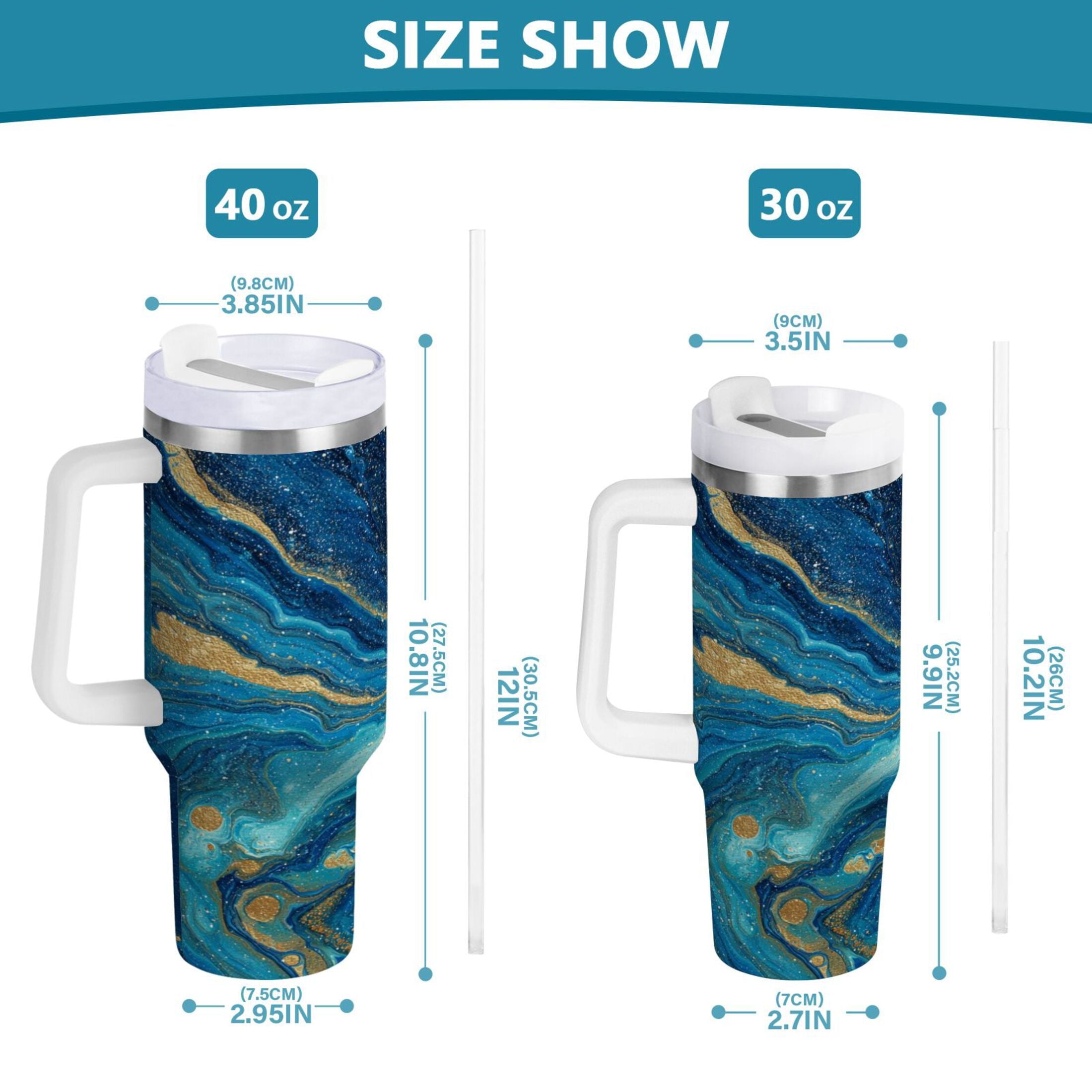 30 oz Insulated Stainless Steel Tumbler Double Wall Stainless Steel Tumbler with 2-Way Drinking Blue and Gold Ocean - Pick 357