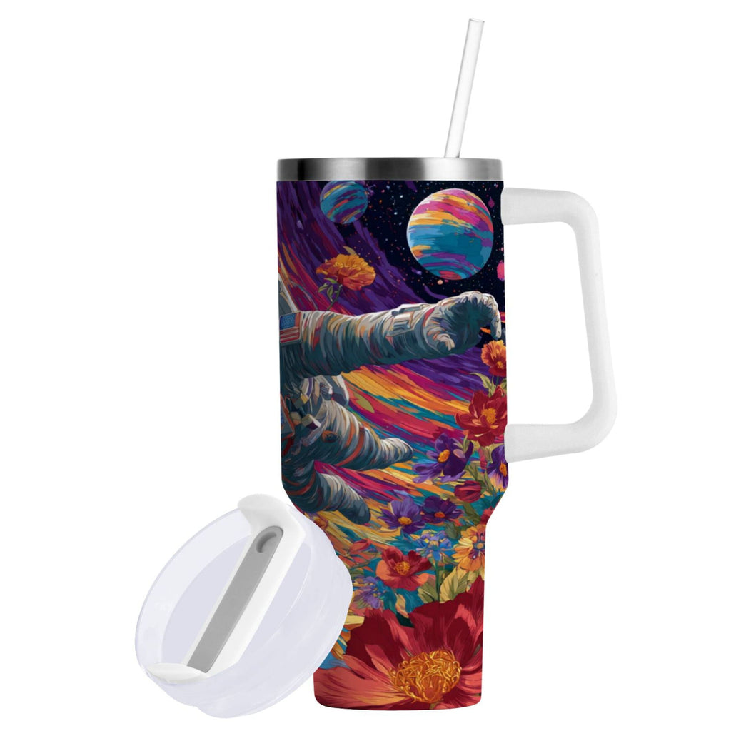 40 oz Insulated Stainless Steel Tumbler Double Wall Stainless Steel Tumbler with 2-Way Drinking Colorful Flowers and Planets - Pick 514
