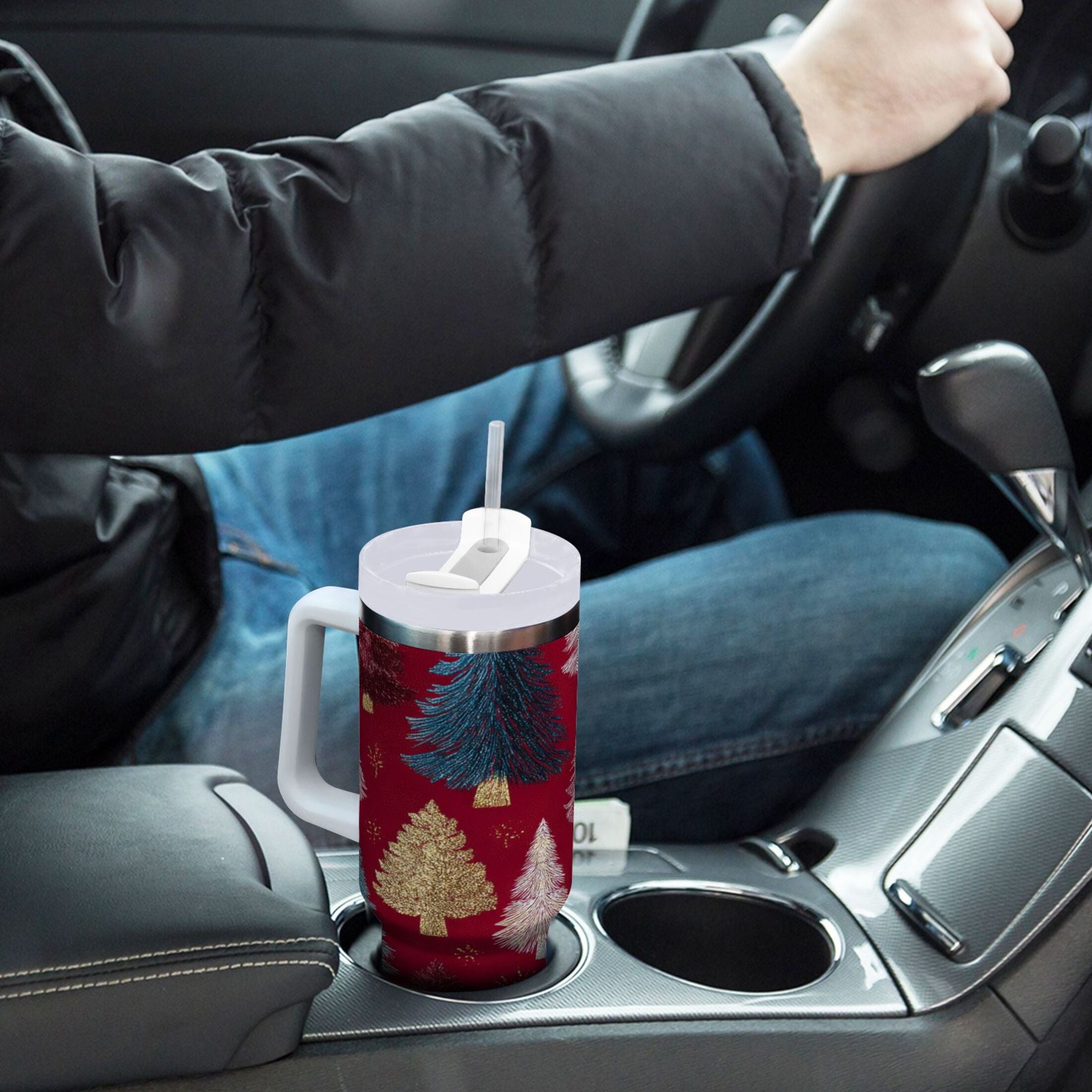 30 oz Insulated Stainless Steel Tumbler Double Wall Stainless Steel Tumbler with 2-Way Drinking Stylized Christmas Trees - Pick 266