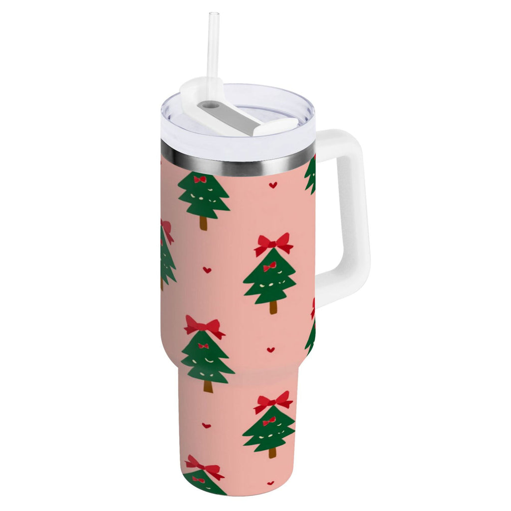 40 oz Insulated Stainless Steel Tumbler Double Wall Stainless Steel Tumbler with 2-Way Drinking Green Trees and Red Bows - Pick 449