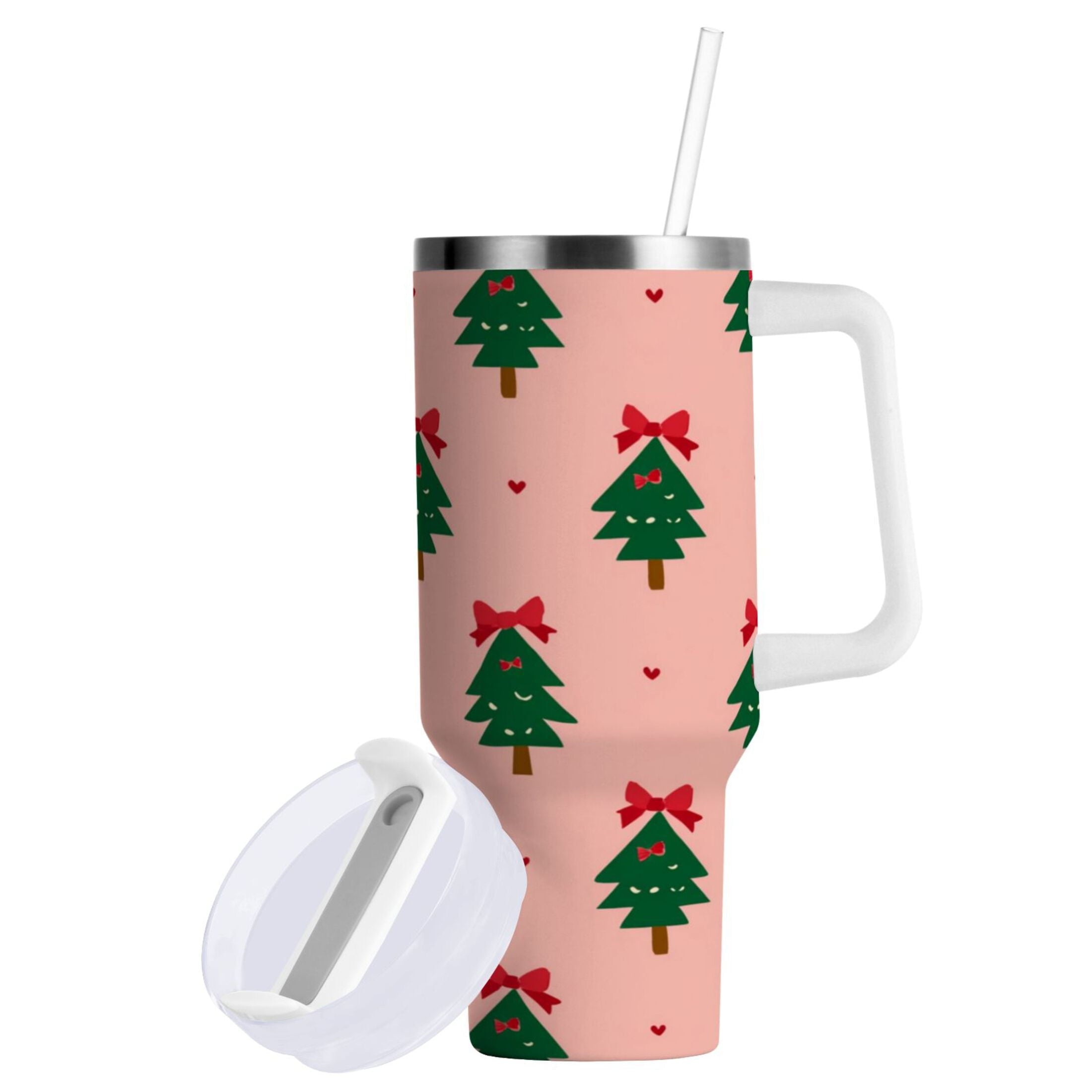 40 oz Insulated Stainless Steel Tumbler Double Wall Stainless Steel Tumbler with 2-Way Drinking Green Trees and Red Bows - Pick 449