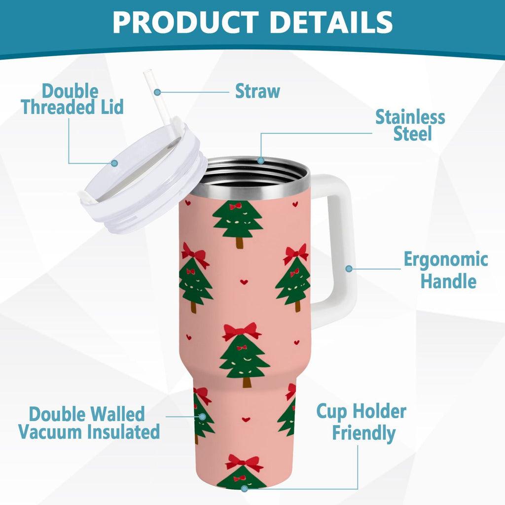 40 oz Insulated Stainless Steel Tumbler Double Wall Stainless Steel Tumbler with 2-Way Drinking Green Trees and Red Bows - Pick 449