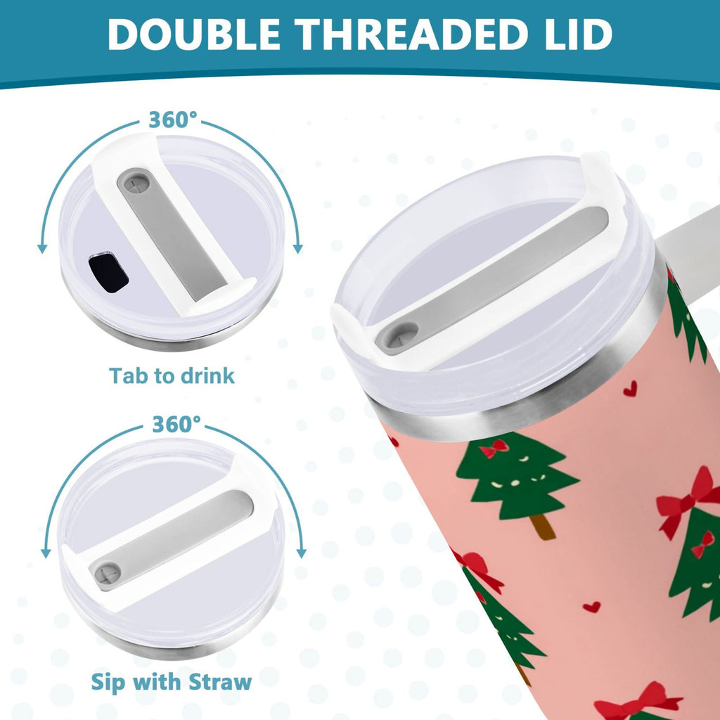40 oz Insulated Stainless Steel Tumbler Double Wall Stainless Steel Tumbler with 2-Way Drinking Green Trees and Red Bows - Pick 449