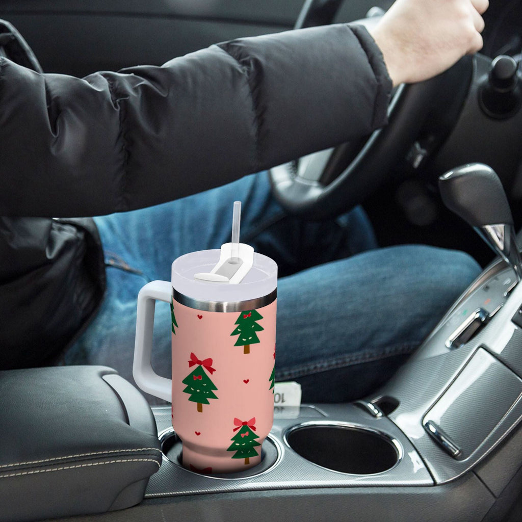 40 oz Insulated Stainless Steel Tumbler Double Wall Stainless Steel Tumbler with 2-Way Drinking Green Trees and Red Bows - Pick 449